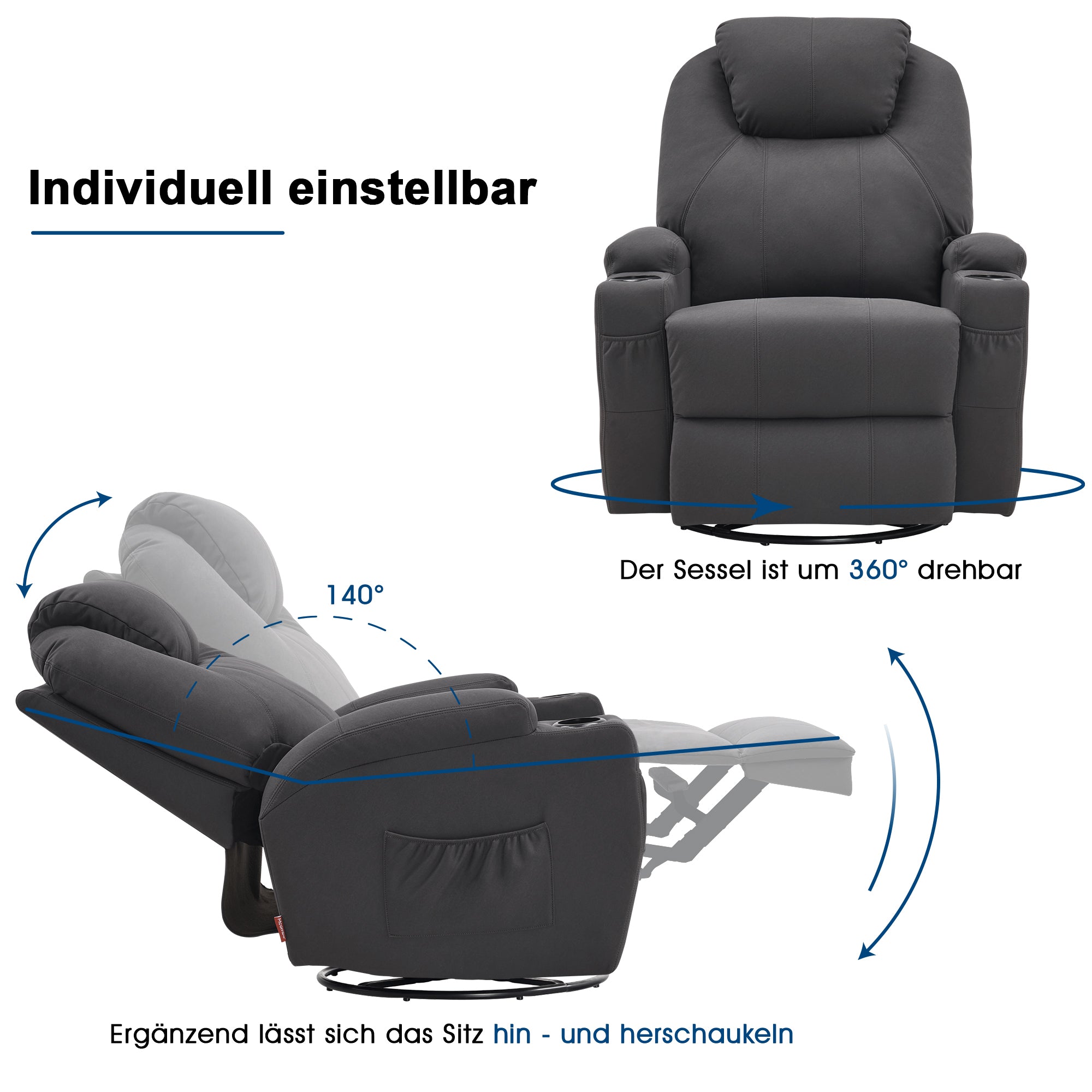 Massagestoel Relaxfauteuil 7020, verwarmd, 360° draaibaar, schommel, handmatig verstelbaar – foto 15
