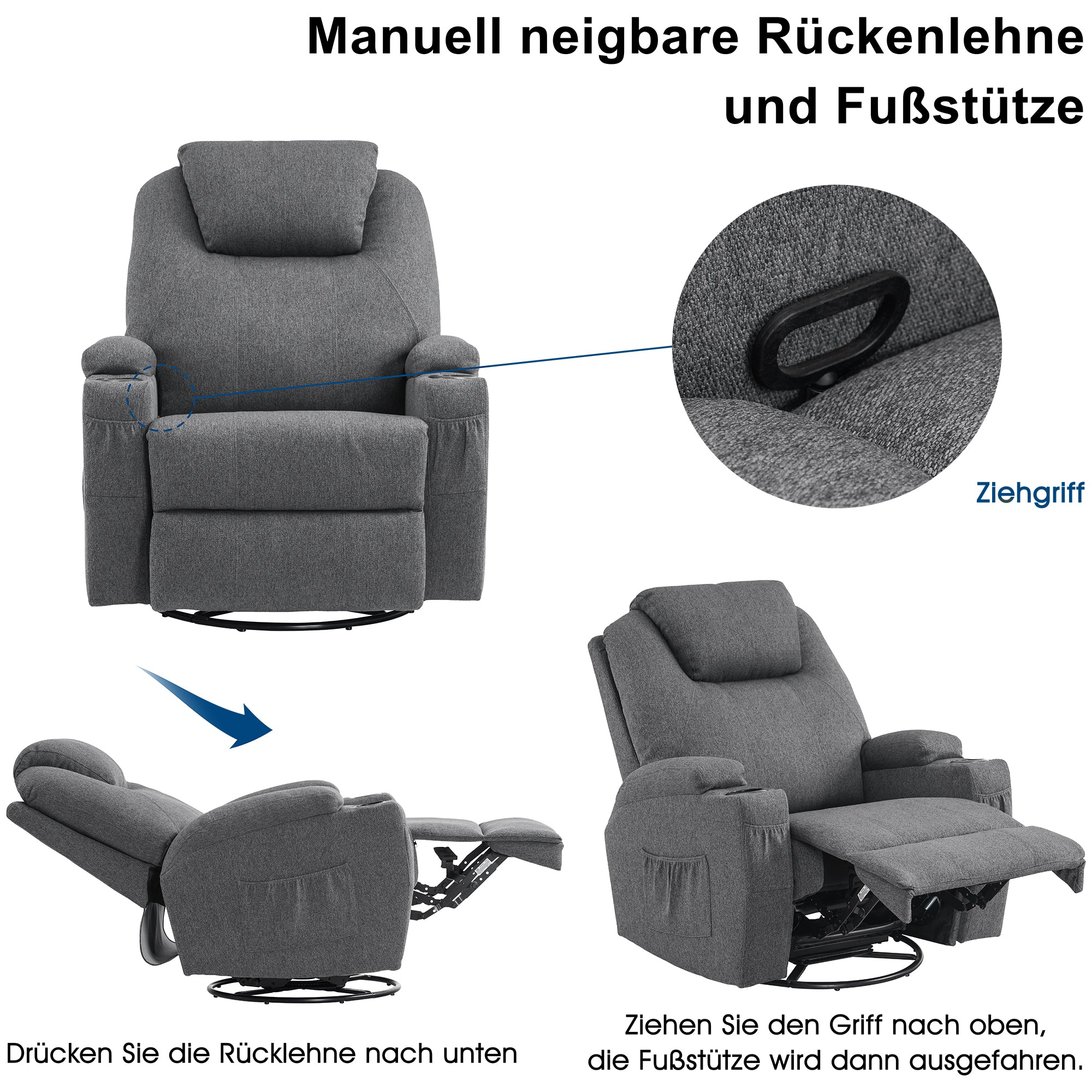 Massagestoel Relaxfauteuil 7020, verwarmd, 360° draaibaar, schommel, handmatig verstelbaar – foto 20