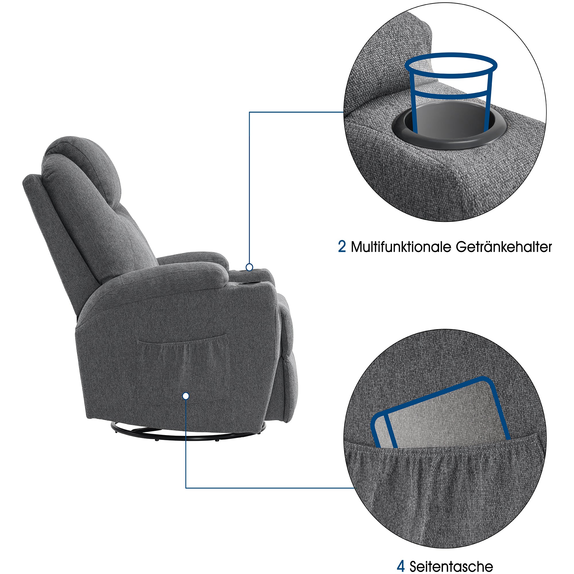 Massagestoel Relaxfauteuil 7020, verwarmd, 360° draaibaar, schommel, handmatig verstelbaar – foto 21