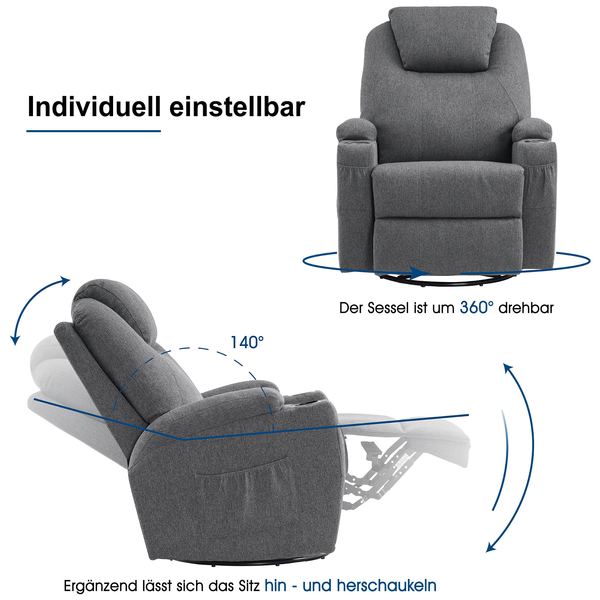 Massagestoel Relaxfauteuil 7020, verwarmd, 360° draaibaar, schommel, handmatig verstelbaar – foto 22