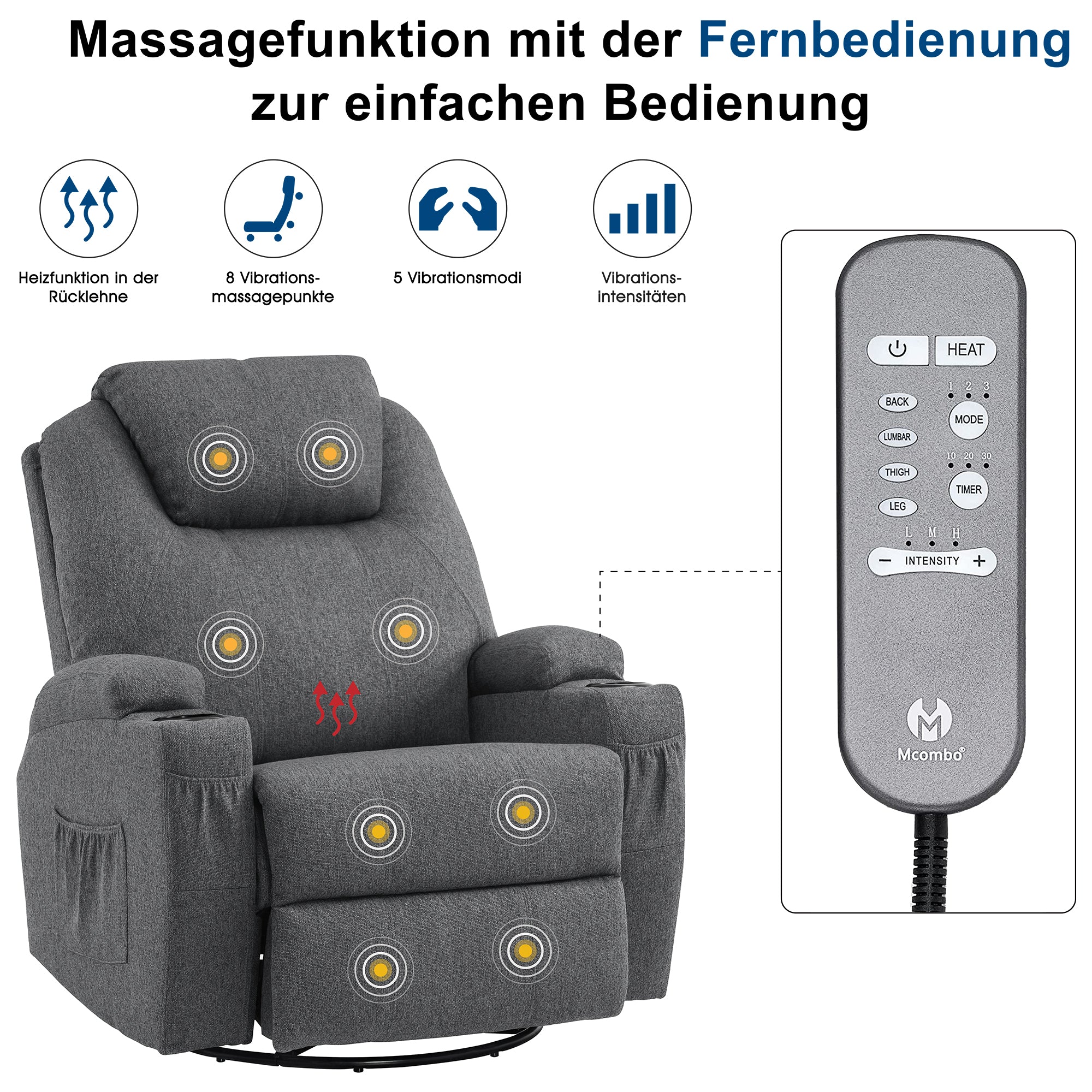 Massagestoel Relaxfauteuil 7020, verwarmd, 360° draaibaar, schommel, handmatig verstelbaar – foto 23