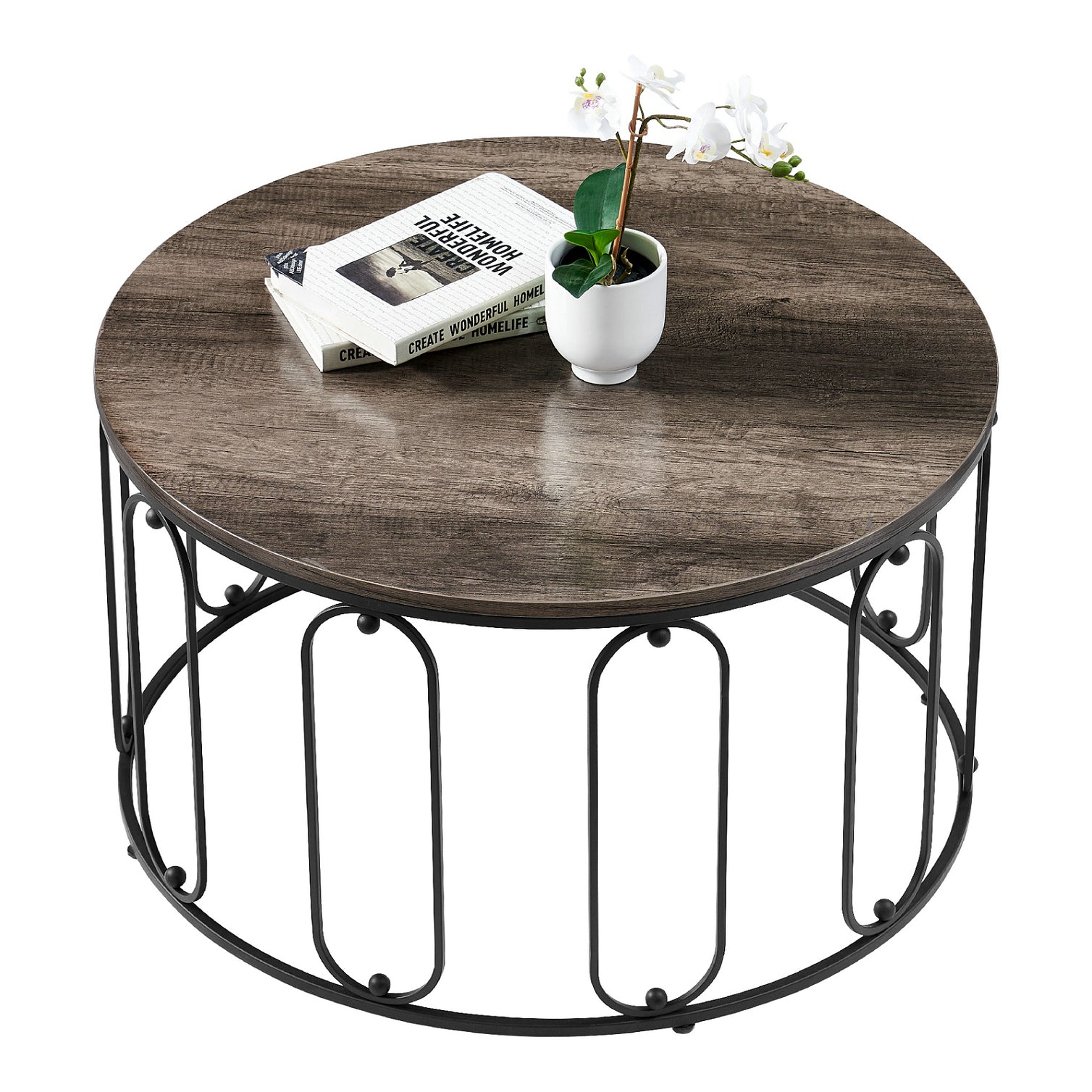 Salontafel Bijzettafel Rond Marmerlook/Industrieel, Metaal, 2147 – foto 2