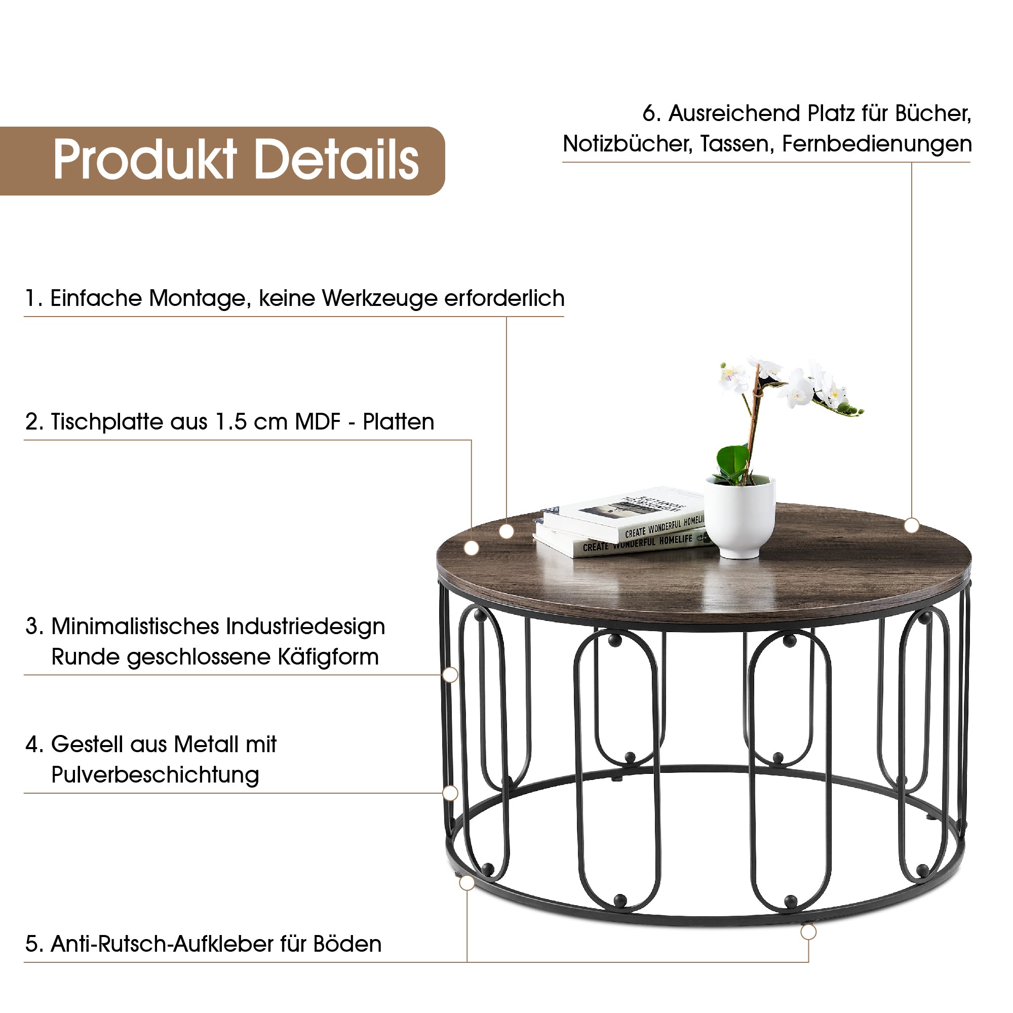 Salontafel Bijzettafel Rond Marmerlook/Industrieel, Metaal, 2147 – foto 5