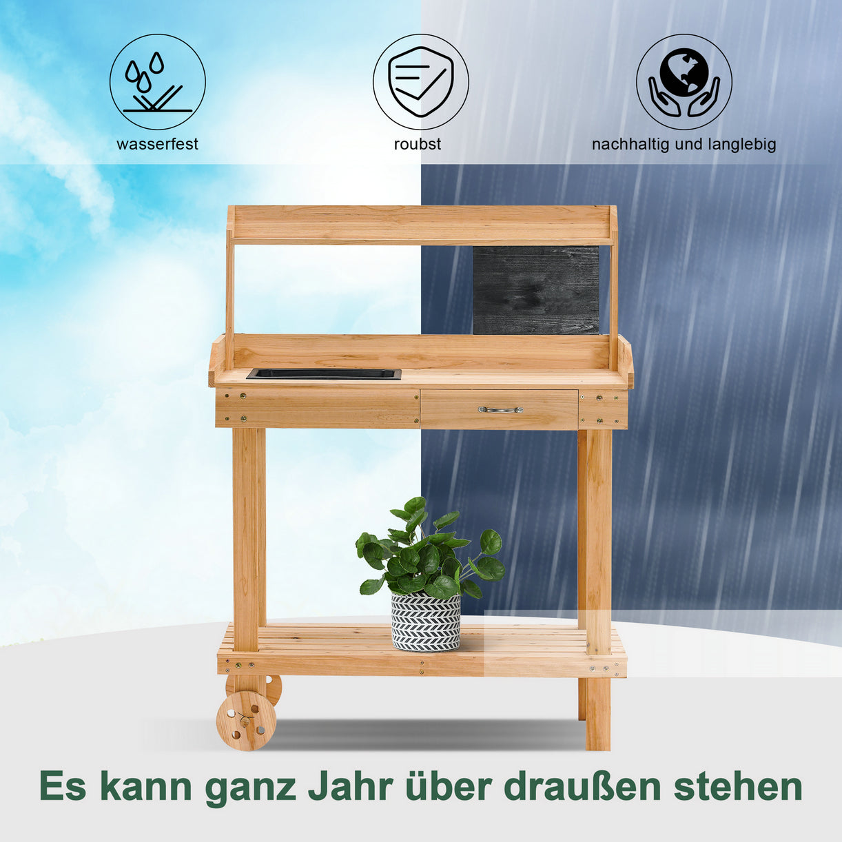 Bloementafel Plantentafel Hout met Wielen & Bak, Weerbestendig, 0416 – foto 5