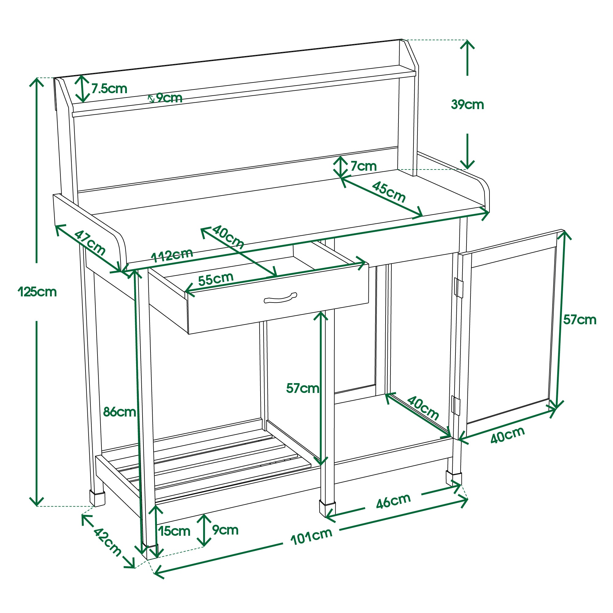Plantentafel met Lade, Opbergruimte, Verzinkt Werkblad & Kast, 0440 – foto 17