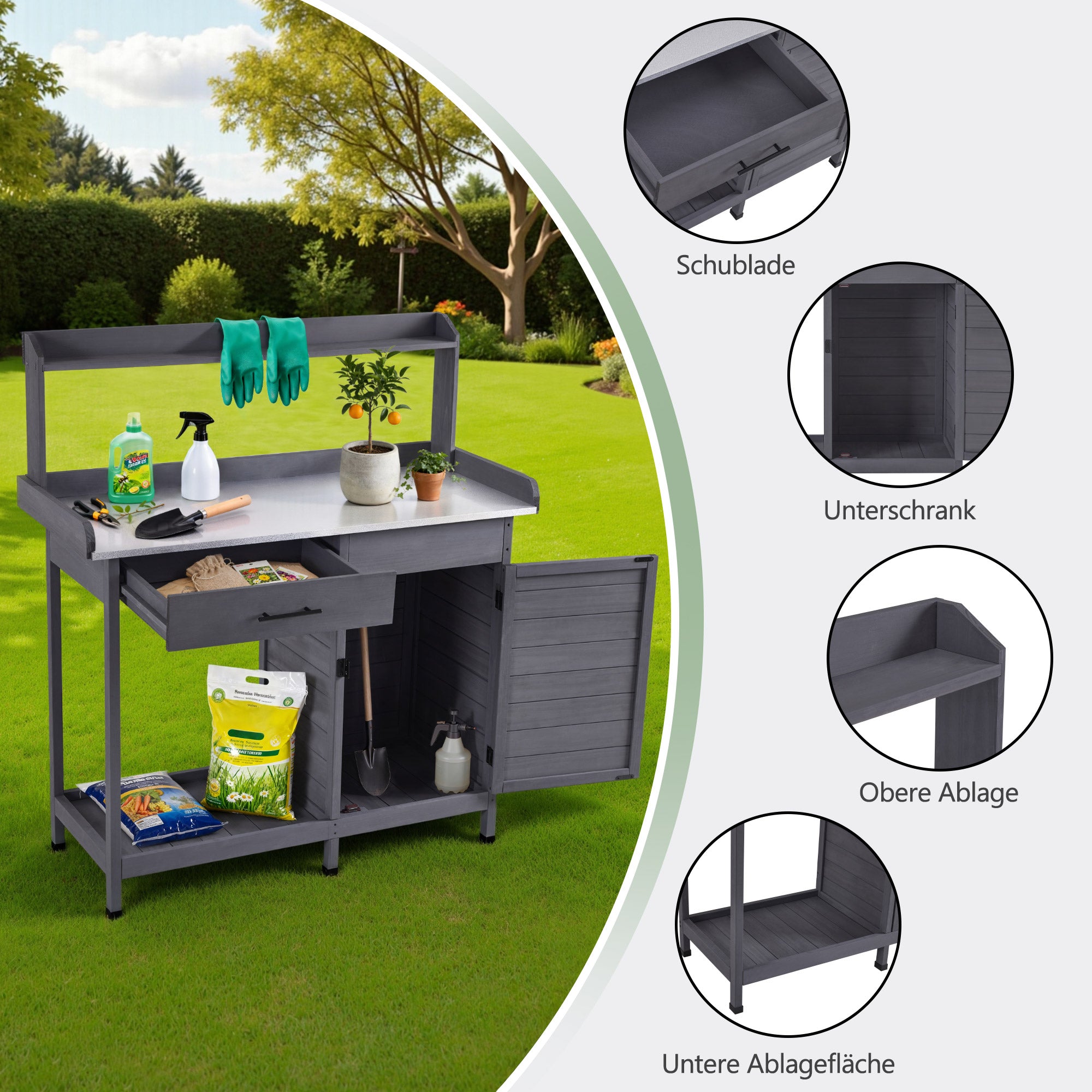 Plantentafel met Lade, Opbergruimte, Verzinkt Werkblad & Kast, 0440 – foto 4