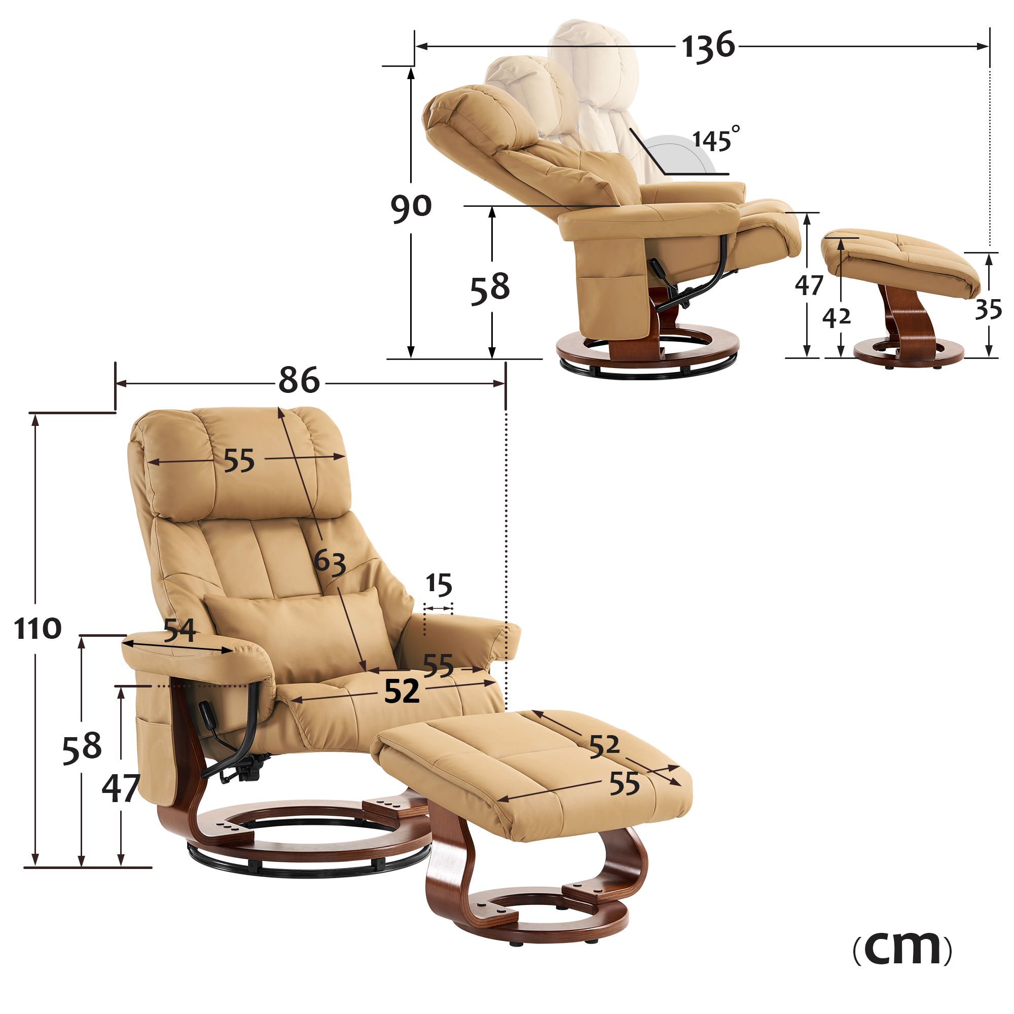 Massagestoel met Hocker, 360° Draaibaar, Relaxfauteuil met Ligfunctie, 9068 – foto 21