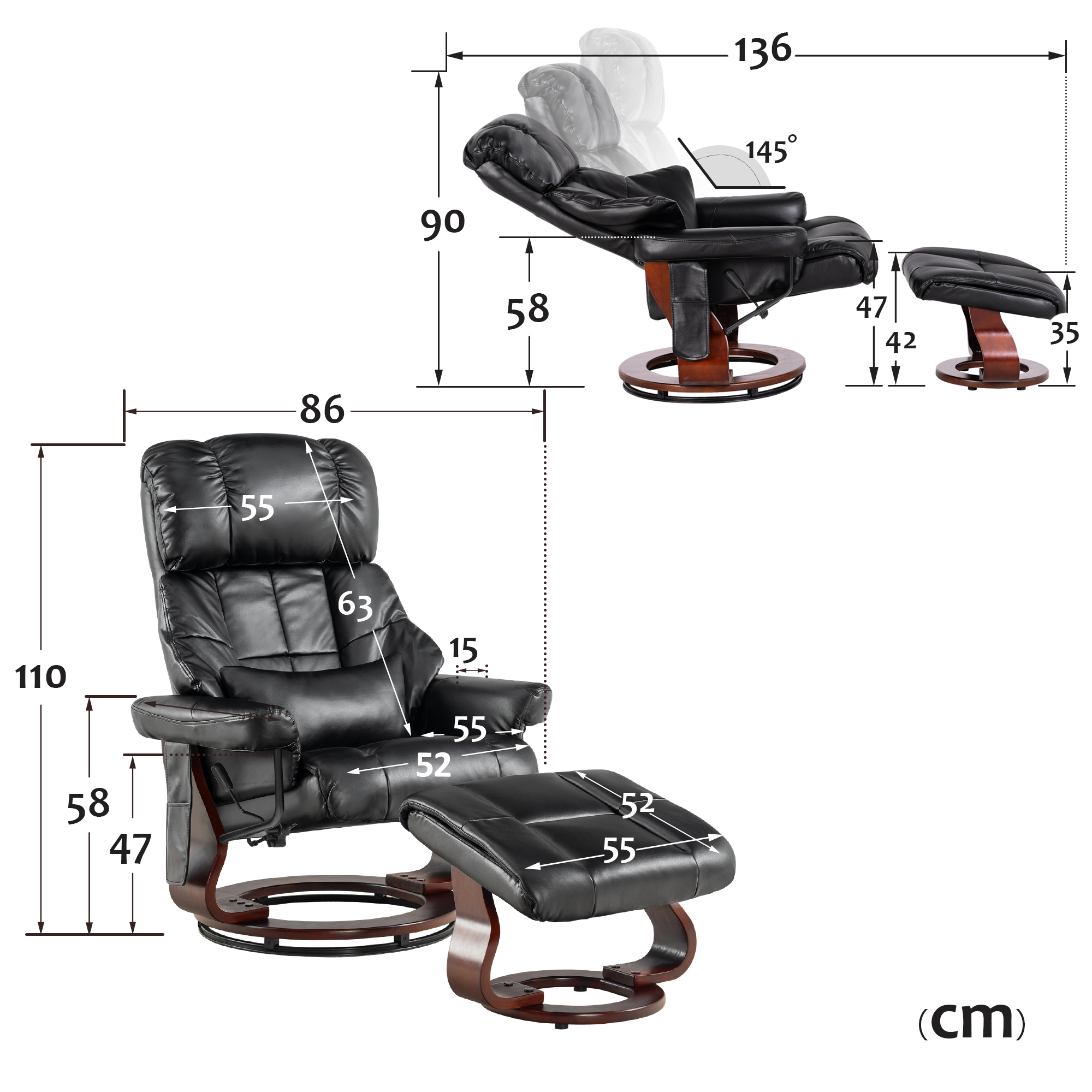 Massagestoel met Hocker, 360° Draaibaar, Relaxfauteuil met Ligfunctie, 9068 – foto 6