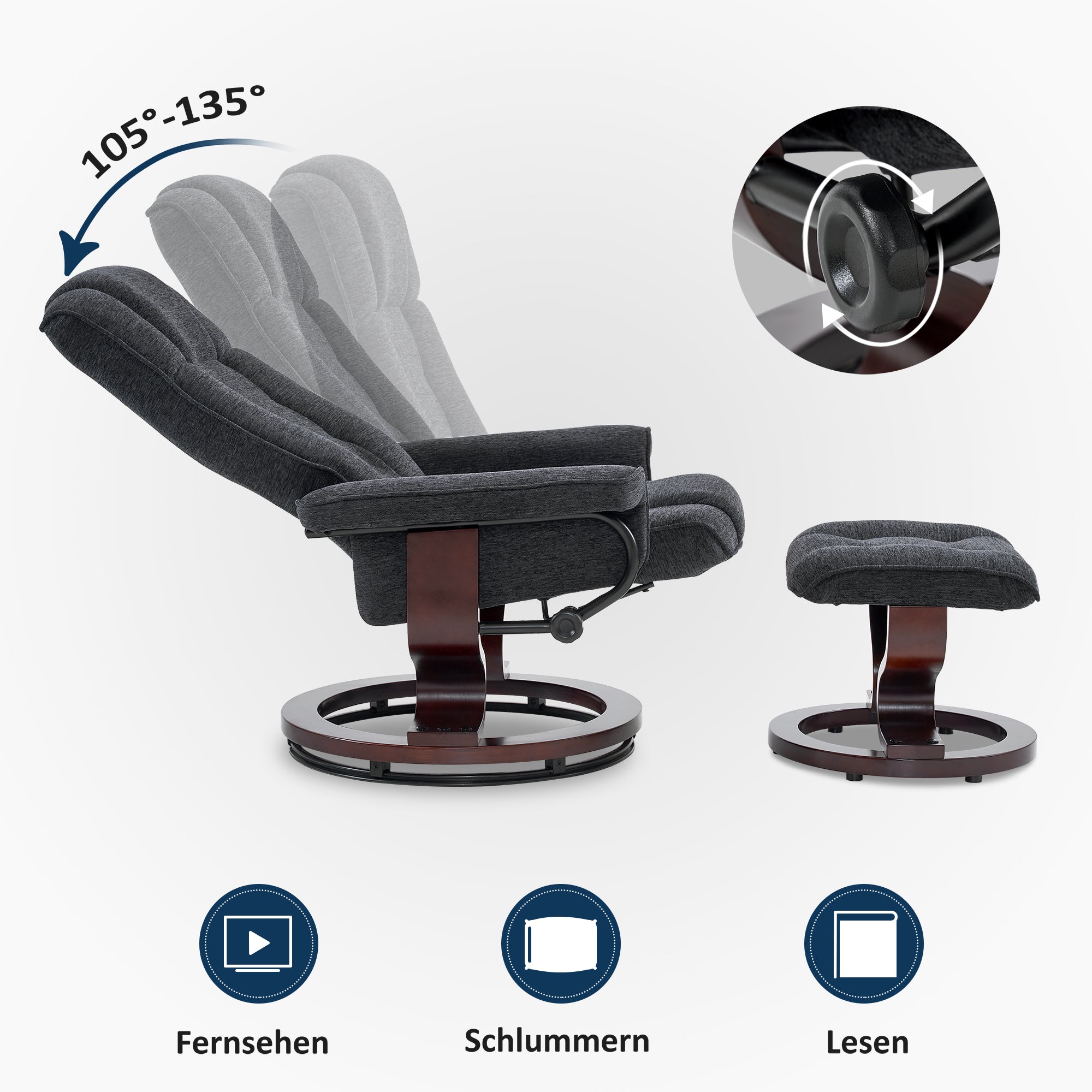 Relaxfauteuil met Hocker, 360° Draaibare TV-stoel met Ligfunctie, 9019 – foto 30