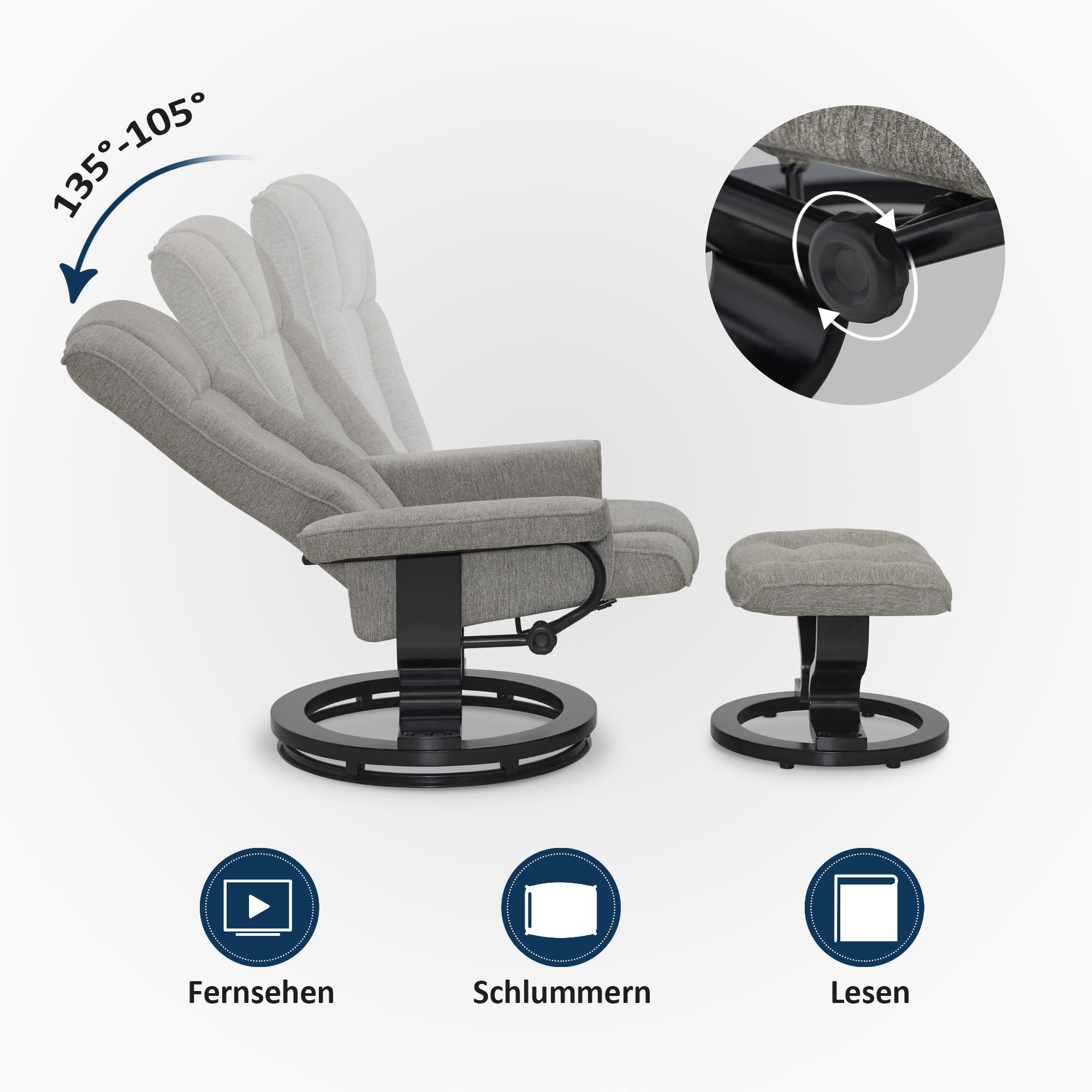 Relaxfauteuil met Hocker, 360° Draaibare TV-stoel met Ligfunctie, 9019 – foto 44