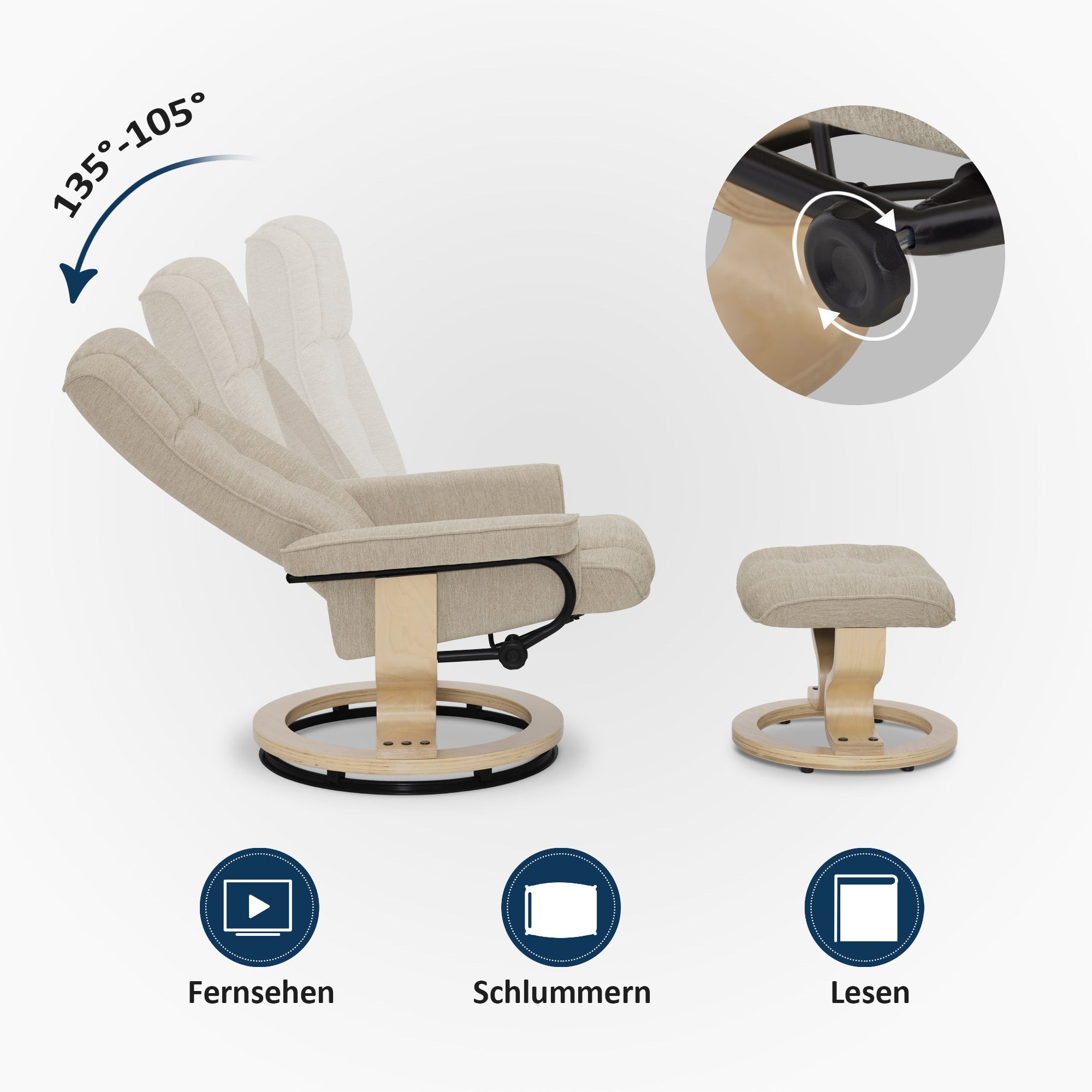 Relaxfauteuil met Hocker, 360° Draaibare TV-stoel met Ligfunctie, 9019 – foto 53