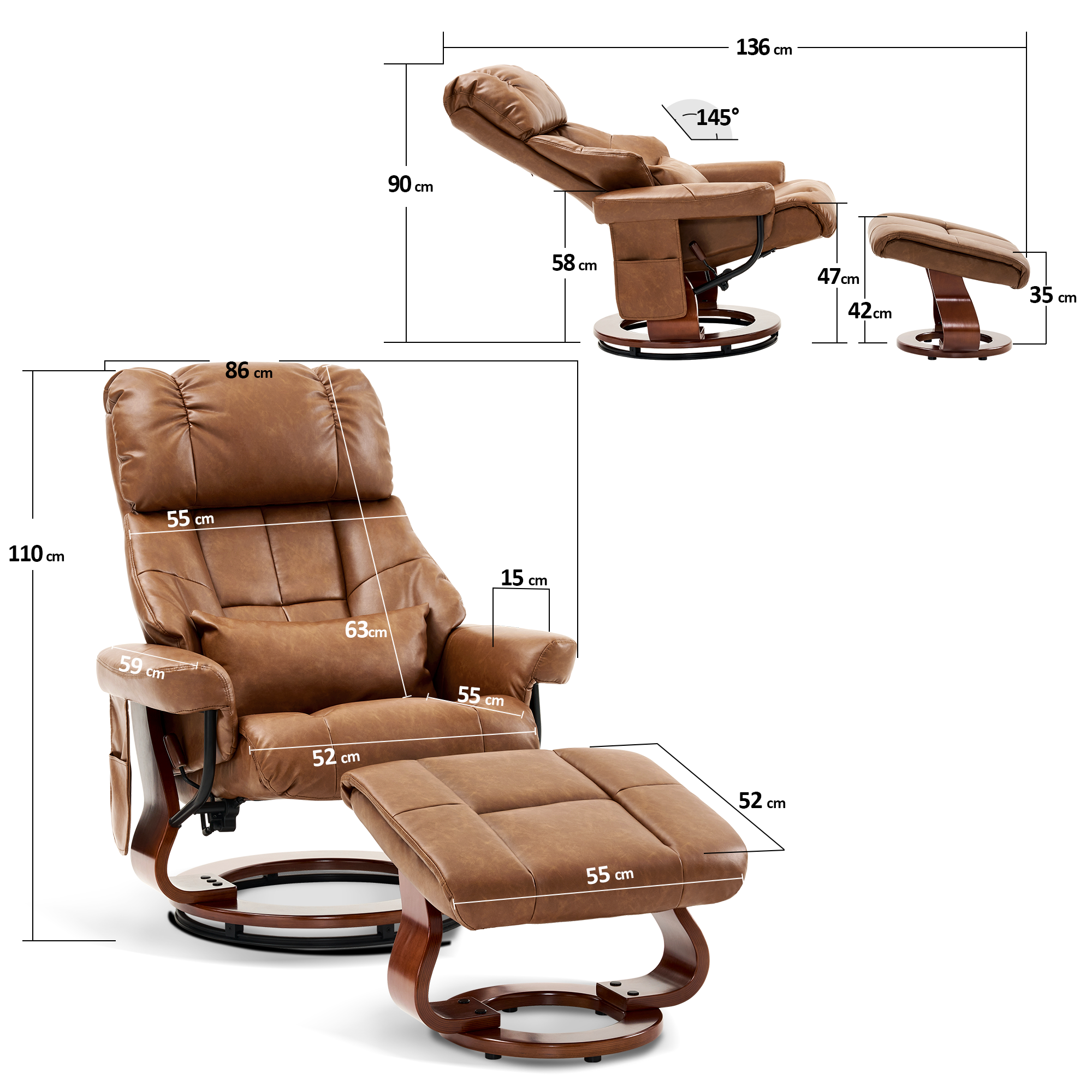 Relaxfauteuil met Hocker, 360° Draaibaar, TV-stoel tot 120 kg, 9066 – foto 16