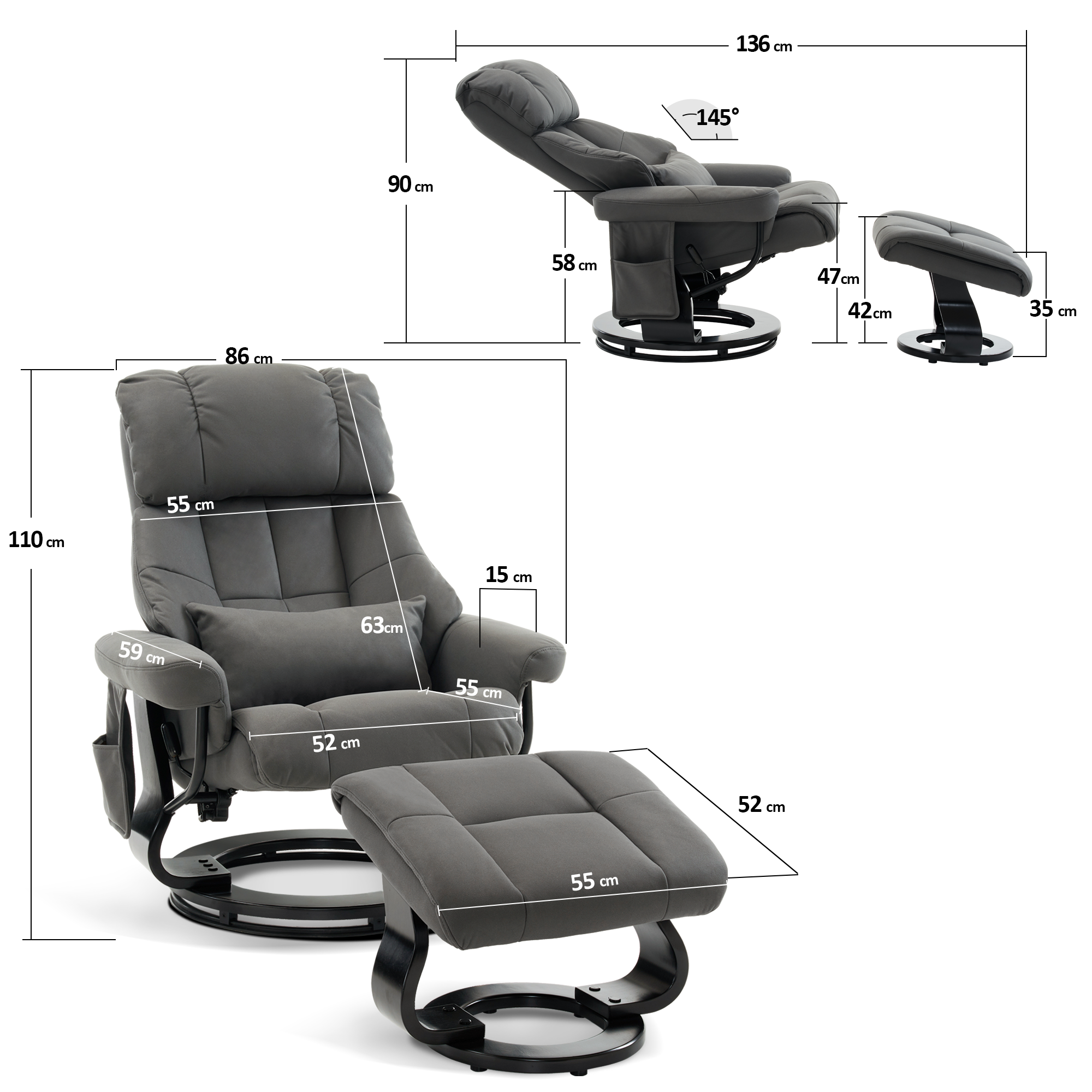 Relaxfauteuil met Hocker, 360° Draaibaar, TV-stoel tot 120 kg, 9066 – foto 21