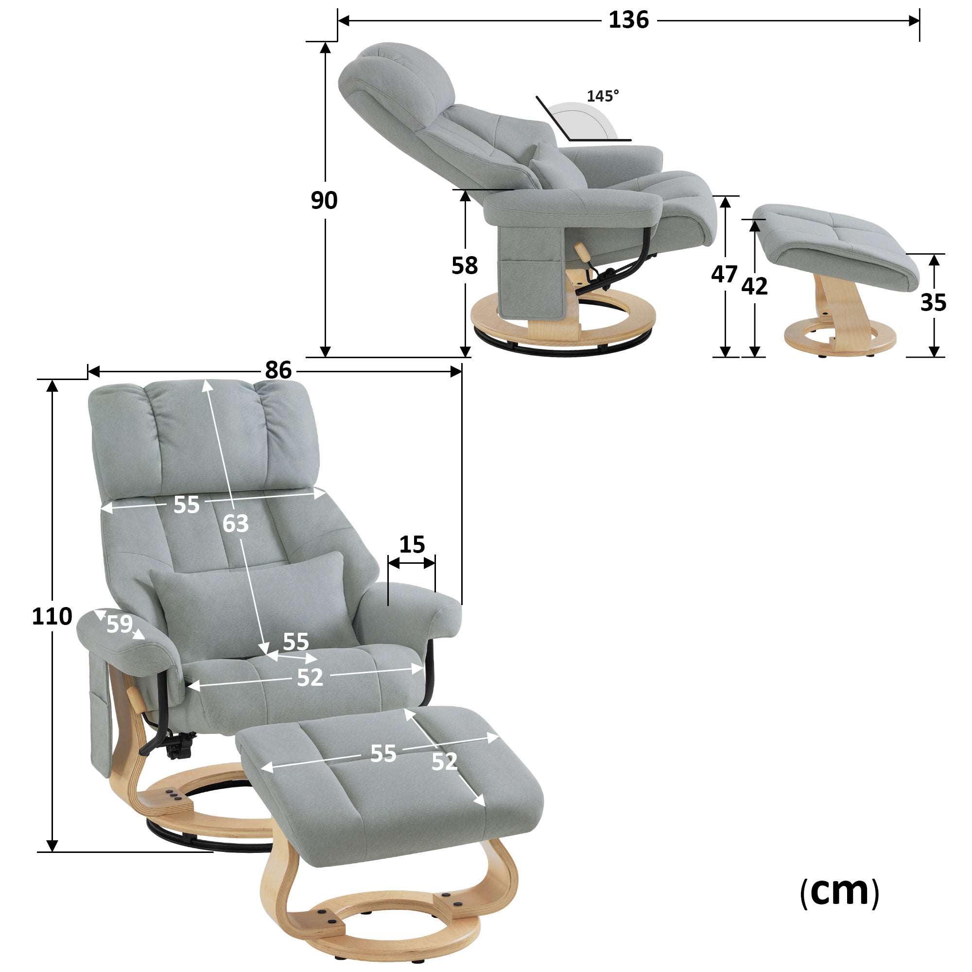 Relaxfauteuil met Hocker, 360° Draaibaar, TV-stoel tot 120 kg, 9066 – foto 27