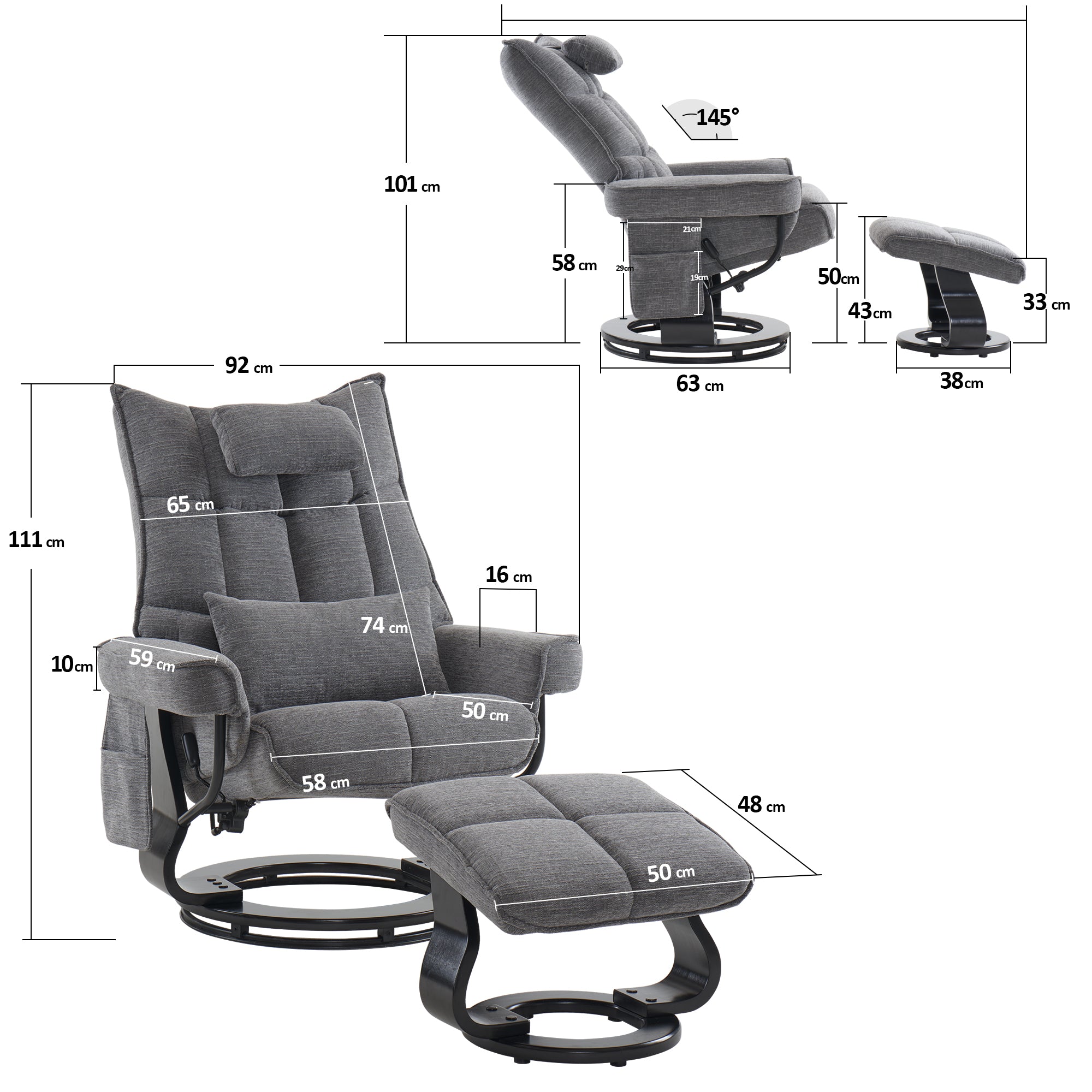 Draaibare Relaxfauteuil met Ligfunctie & Kussen, Microfiber/Stof – foto 27