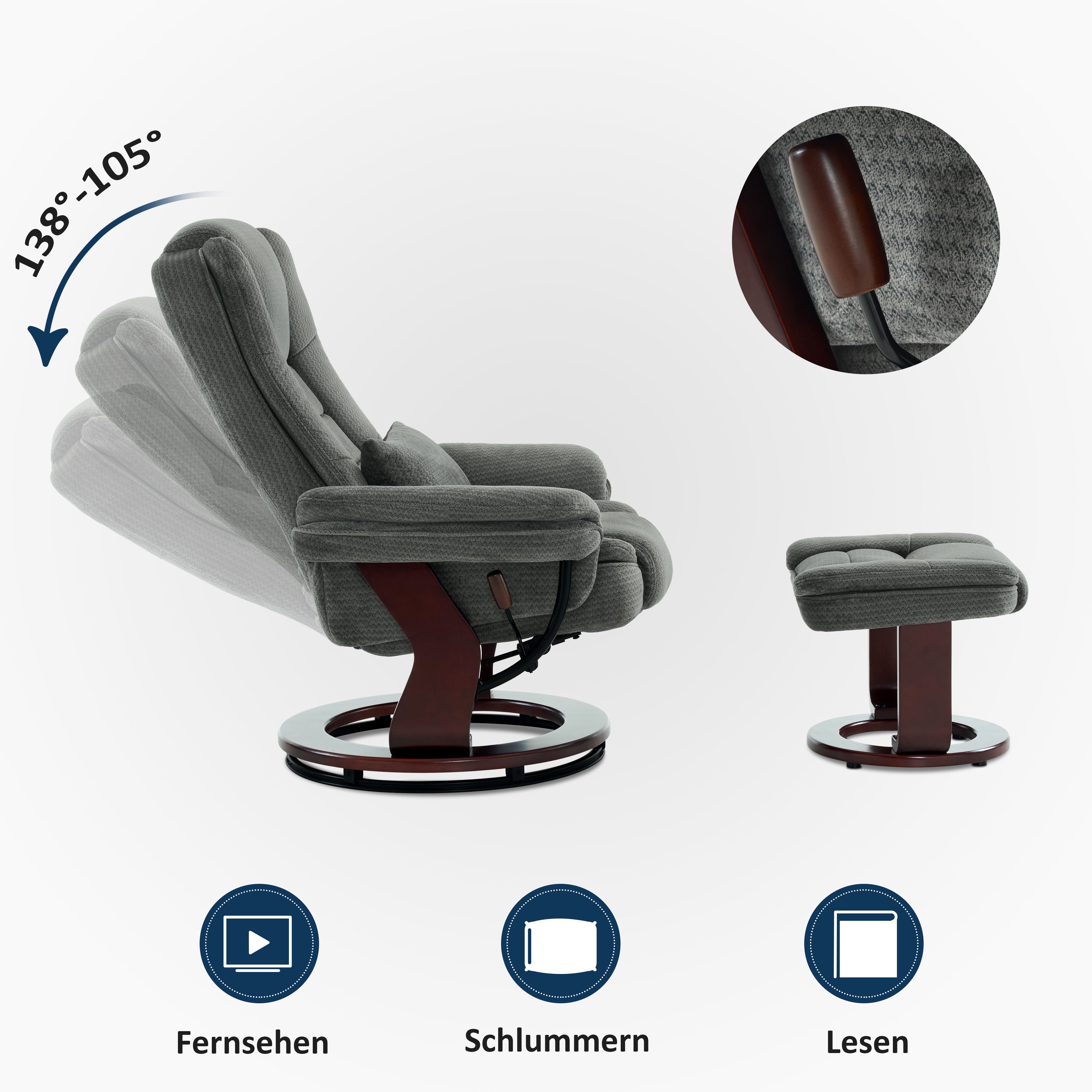 Relaxfauteuil met ligfunctie, 360° draaibare TV-stoel met voetenbankje & zak – foto 2