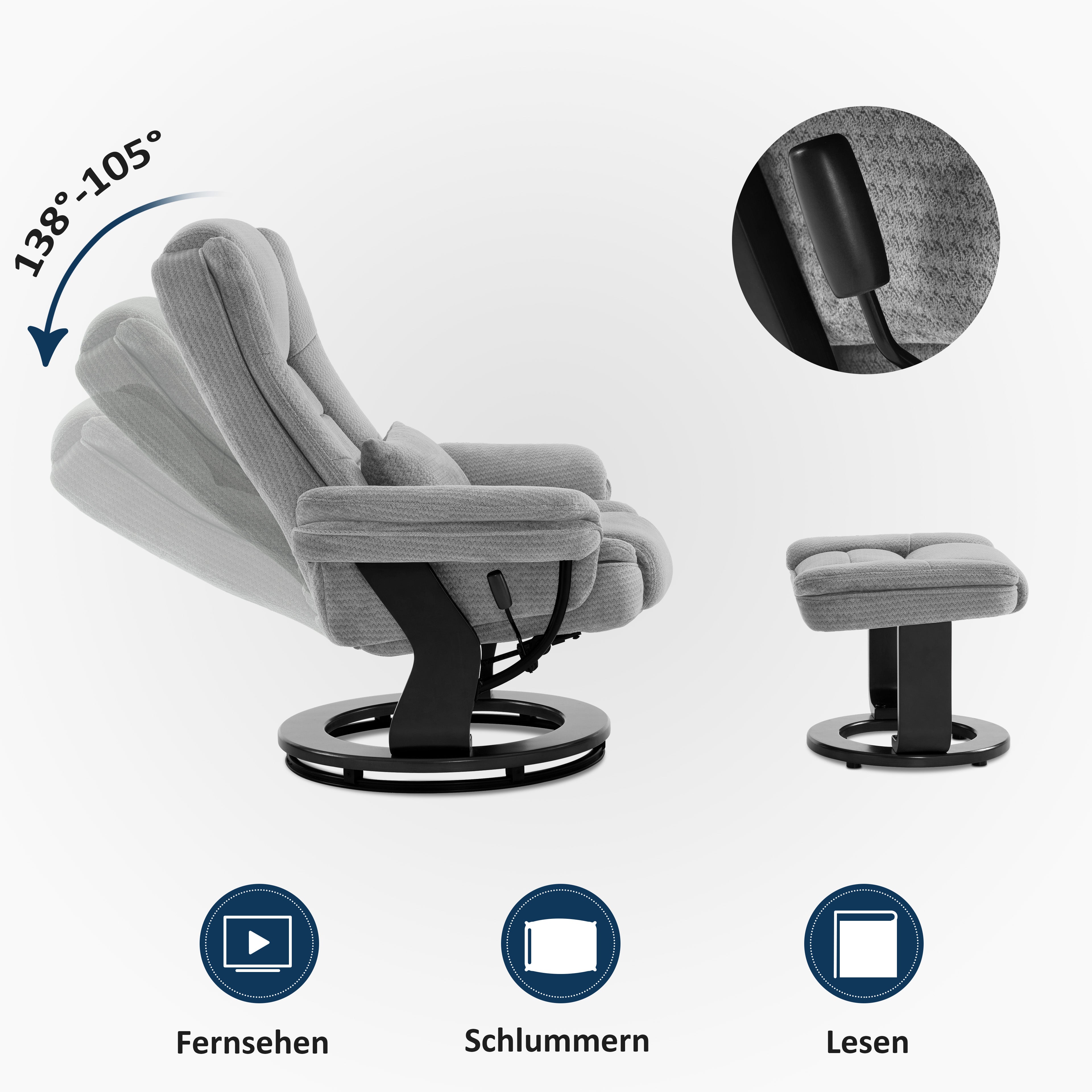 Relaxfauteuil met ligfunctie, 360° draaibare TV-stoel met voetenbankje & zak – foto 11
