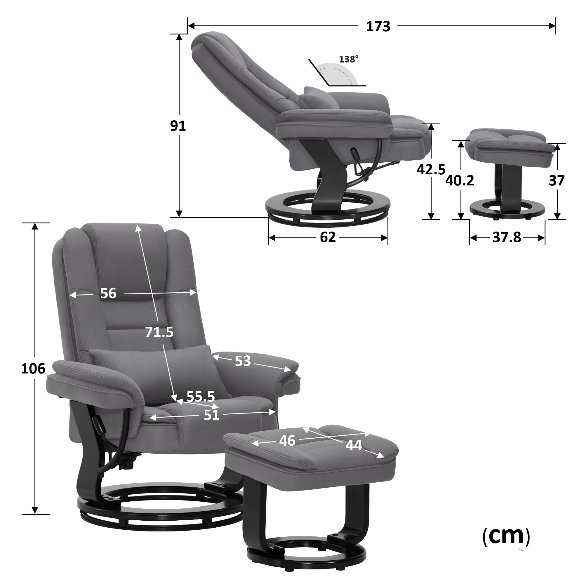 Relaxfauteuil met ligfunctie, 360° draaibare TV-stoel met voetenbankje & zak – foto 16