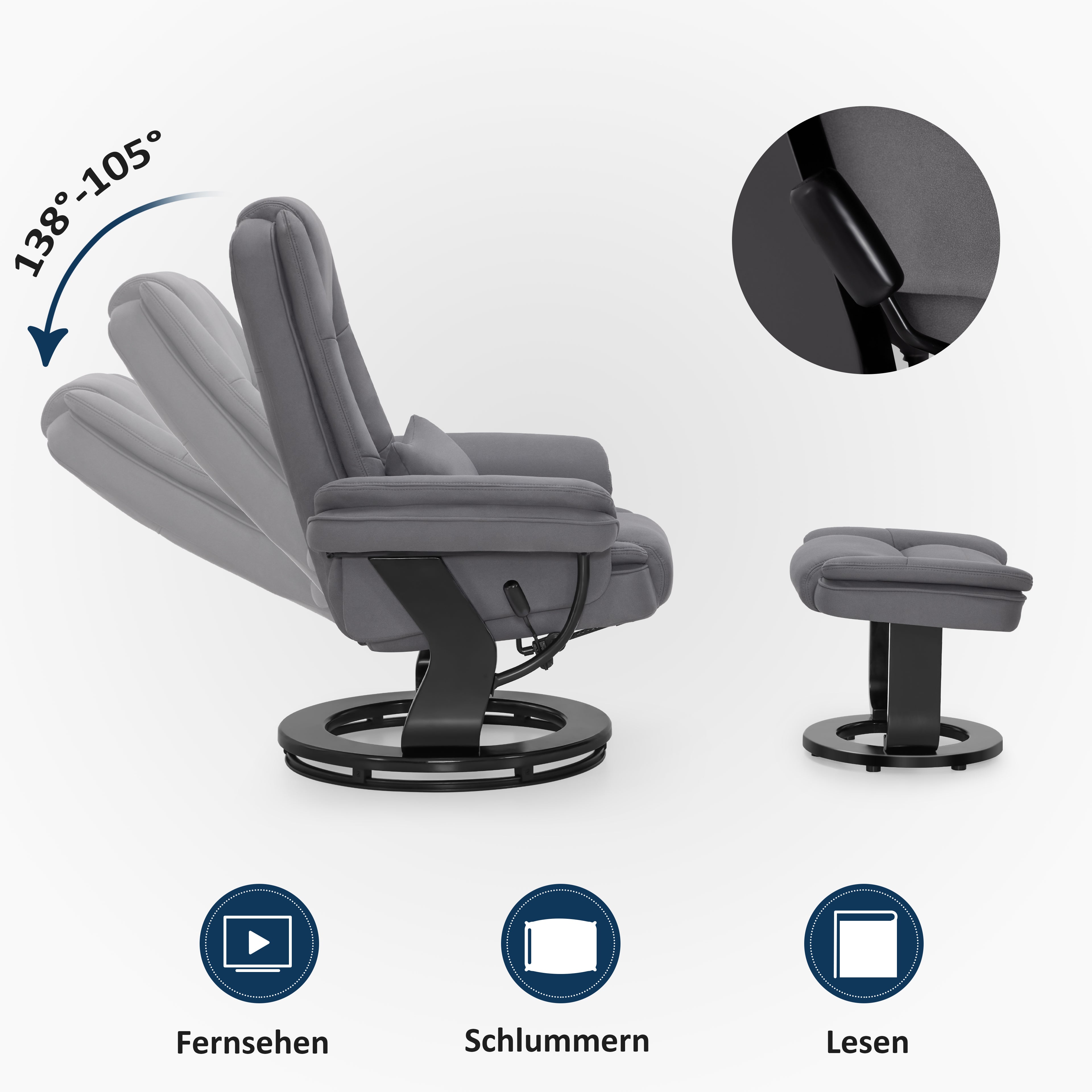 Relaxfauteuil met ligfunctie, 360° draaibare TV-stoel met voetenbankje & zak – foto 19