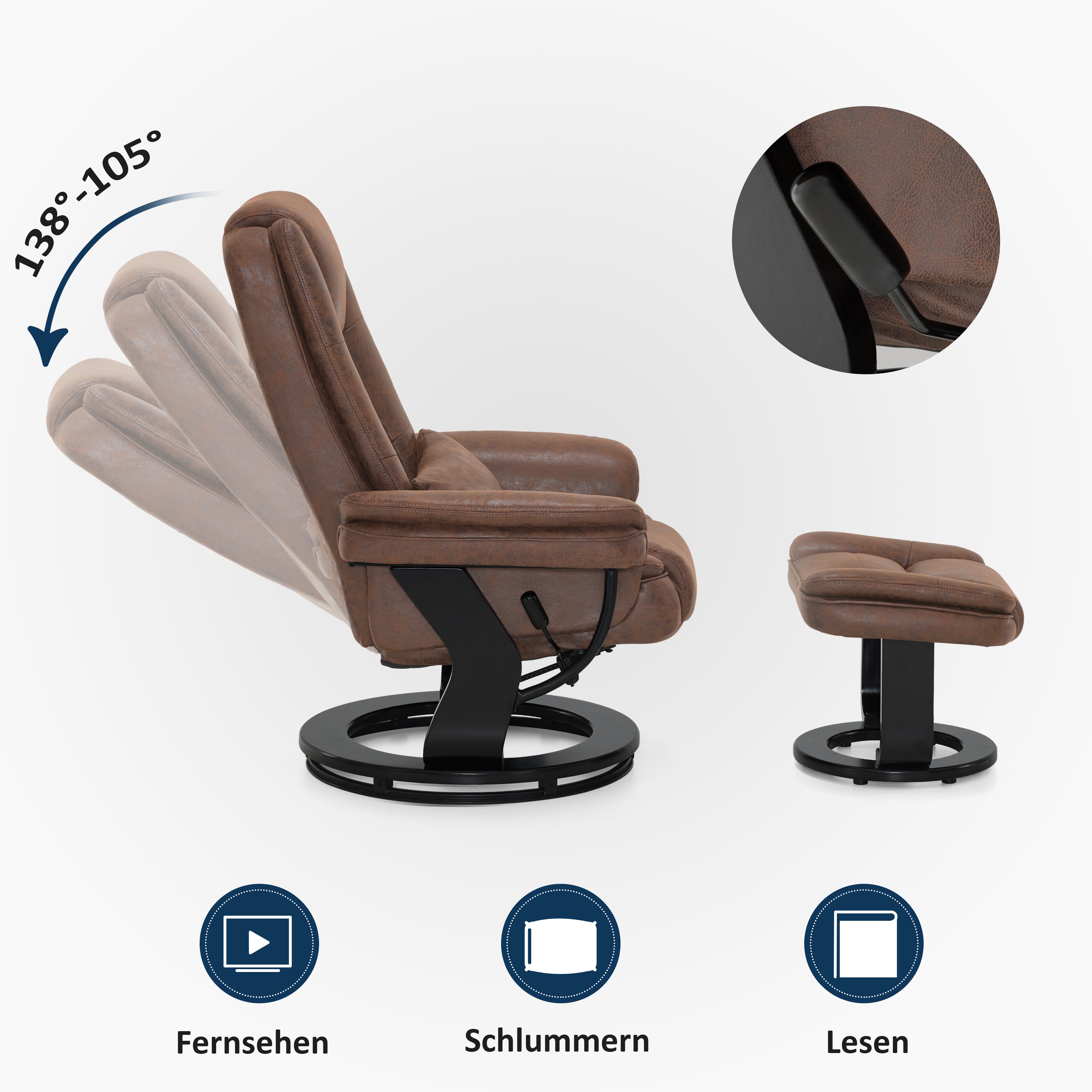 Relaxfauteuil met ligfunctie, 360° draaibare TV-stoel met voetenbankje & zak – foto 25
