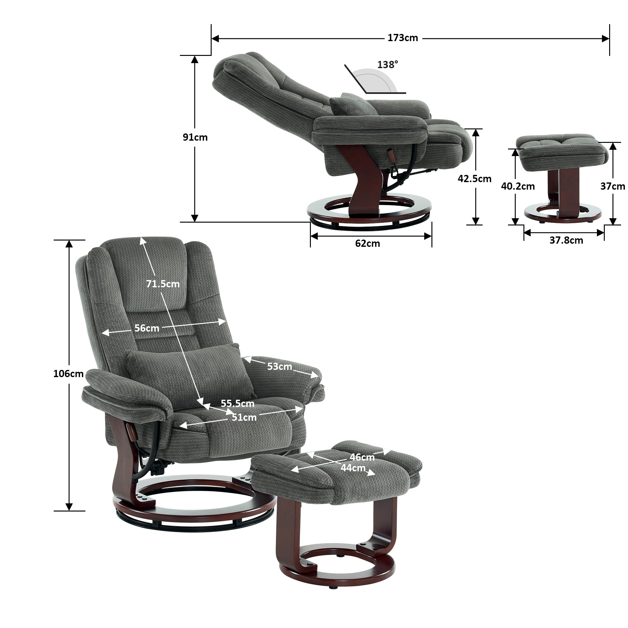 Relaxfauteuil met ligfunctie, 360° draaibare TV-stoel met voetenbankje & zak – foto 5
