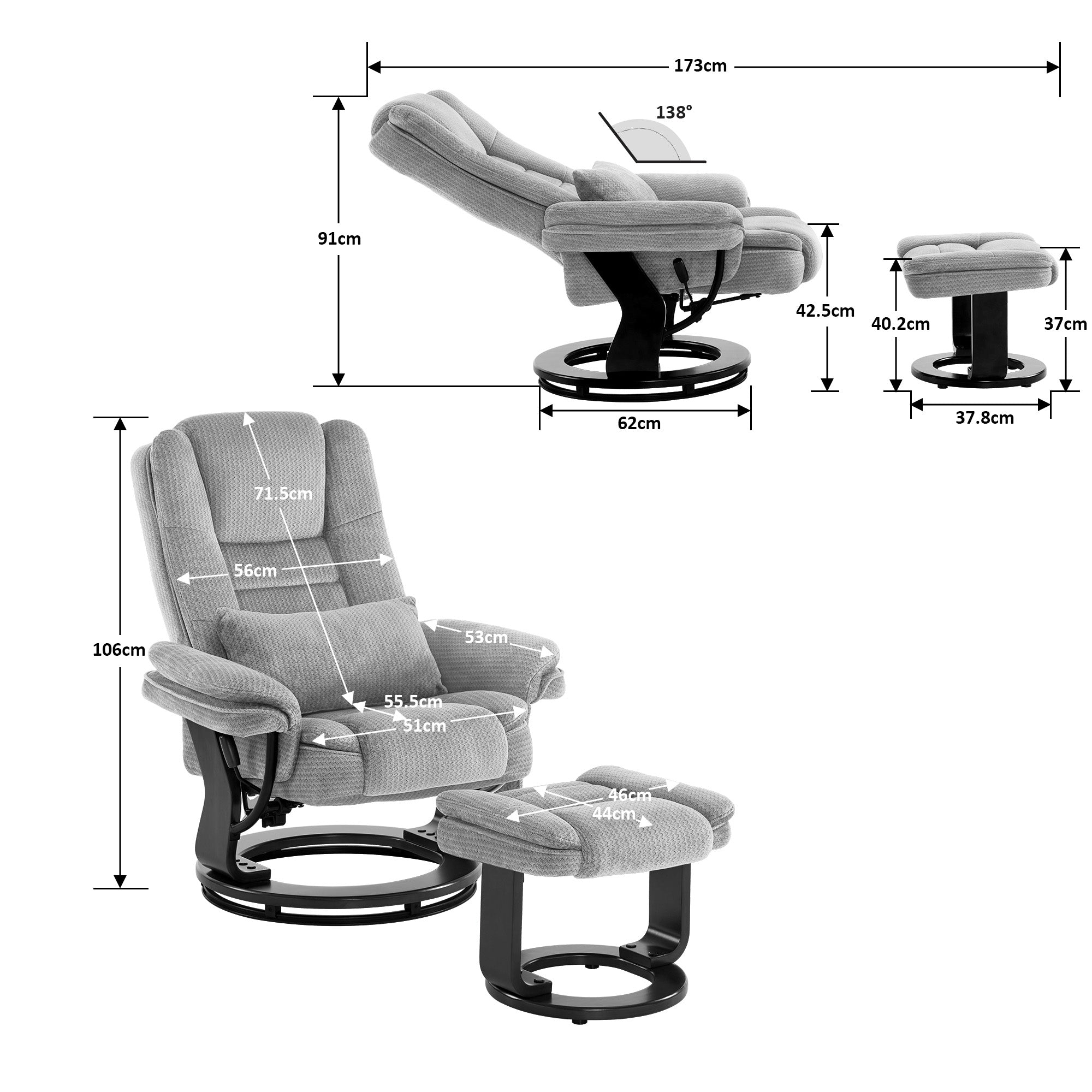 Relaxfauteuil met ligfunctie, 360° draaibare TV-stoel met voetenbankje & zak – foto 9