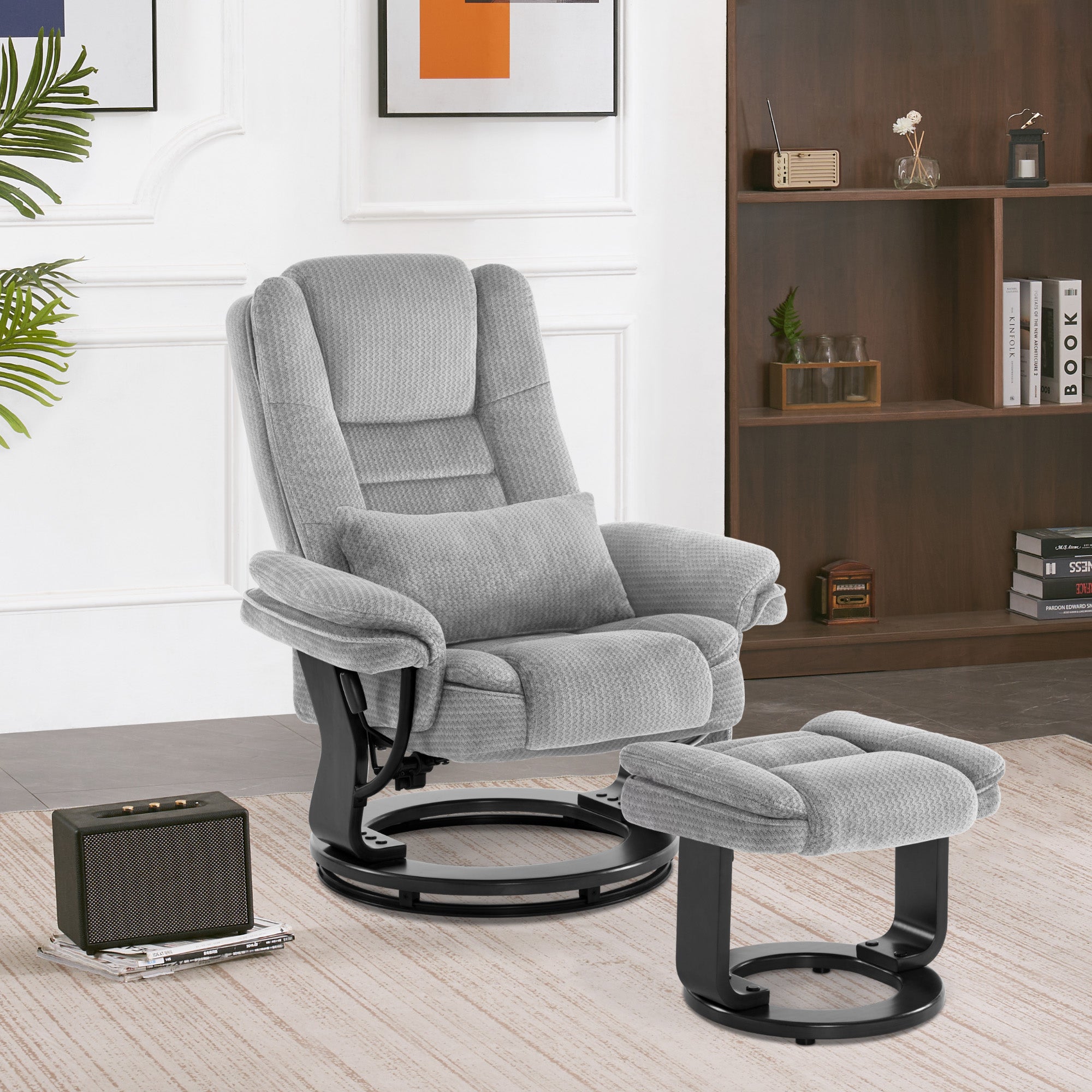 Relaxfauteuil met ligfunctie, 360° draaibare TV-stoel met voetenbankje & zak – foto 10