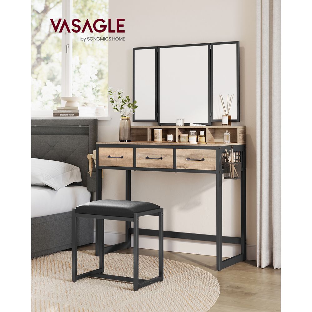 VASAGLE Kaptafel met krukje en drievoudige spiegel – Eikenbruin/Zwart – foto 2