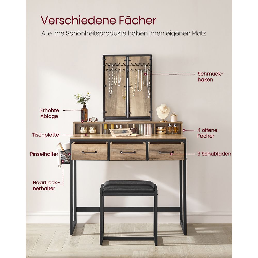 VASAGLE Kaptafel met krukje en drievoudige spiegel – Eikenbruin/Zwart – foto 3