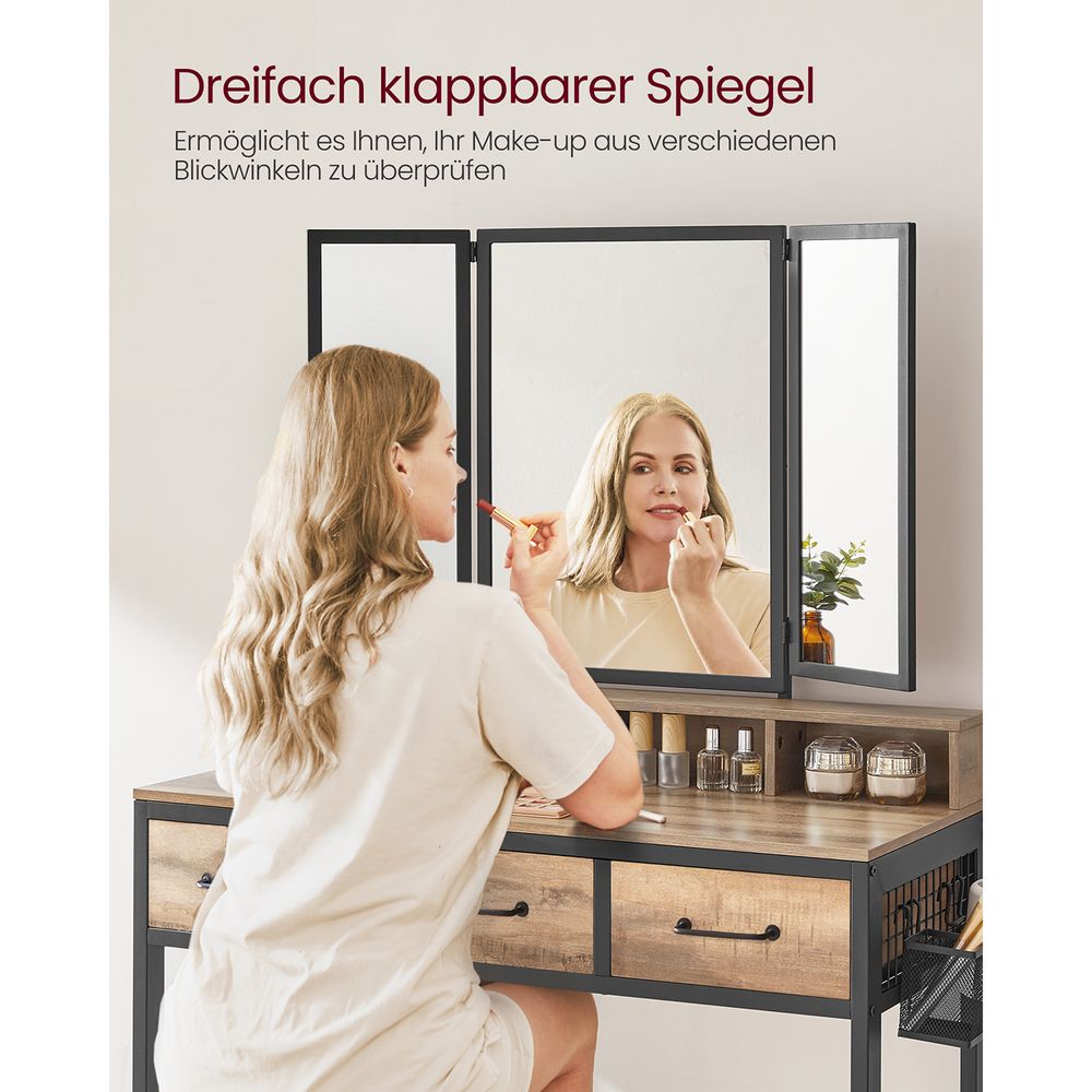 VASAGLE Kaptafel met krukje en drievoudige spiegel – Eikenbruin/Zwart – foto 4