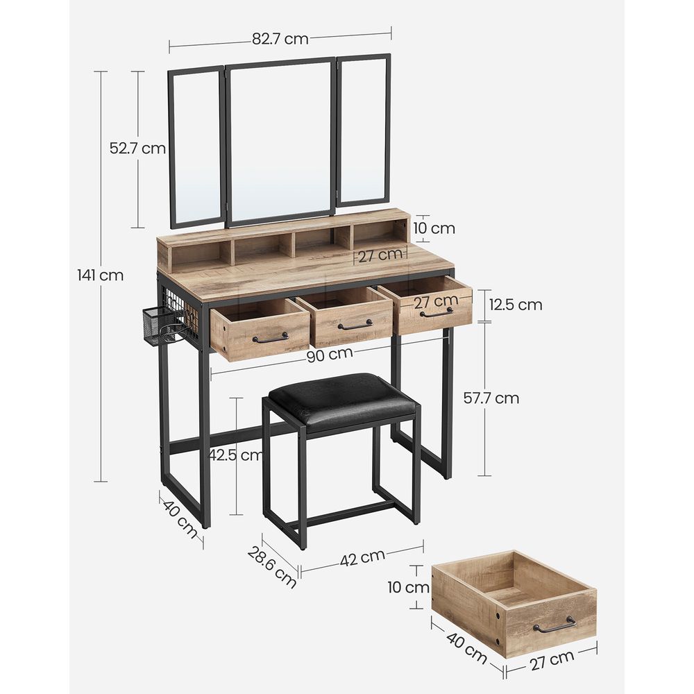 VASAGLE Kaptafel met krukje en drievoudige spiegel – Eikenbruin/Zwart – foto 6
