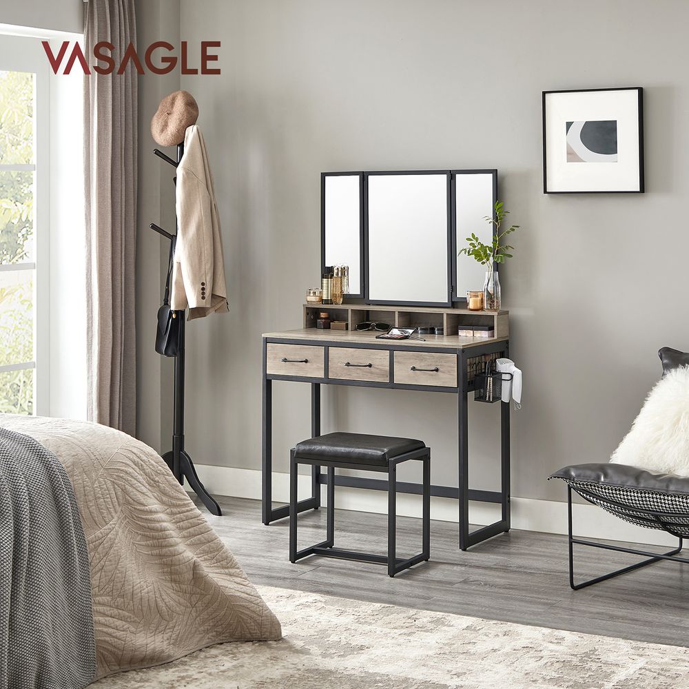 VASAGLE Kaptafel met krukje en drievoudige spiegel – Grijs/Zwart – foto 2
