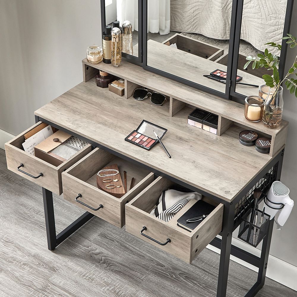 VASAGLE Kaptafel met krukje en drievoudige spiegel – Grijs/Zwart – foto 4