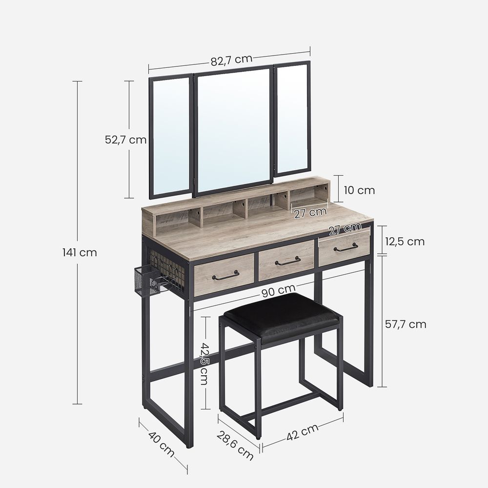 VASAGLE Kaptafel met krukje en drievoudige spiegel – Grijs/Zwart – foto 7