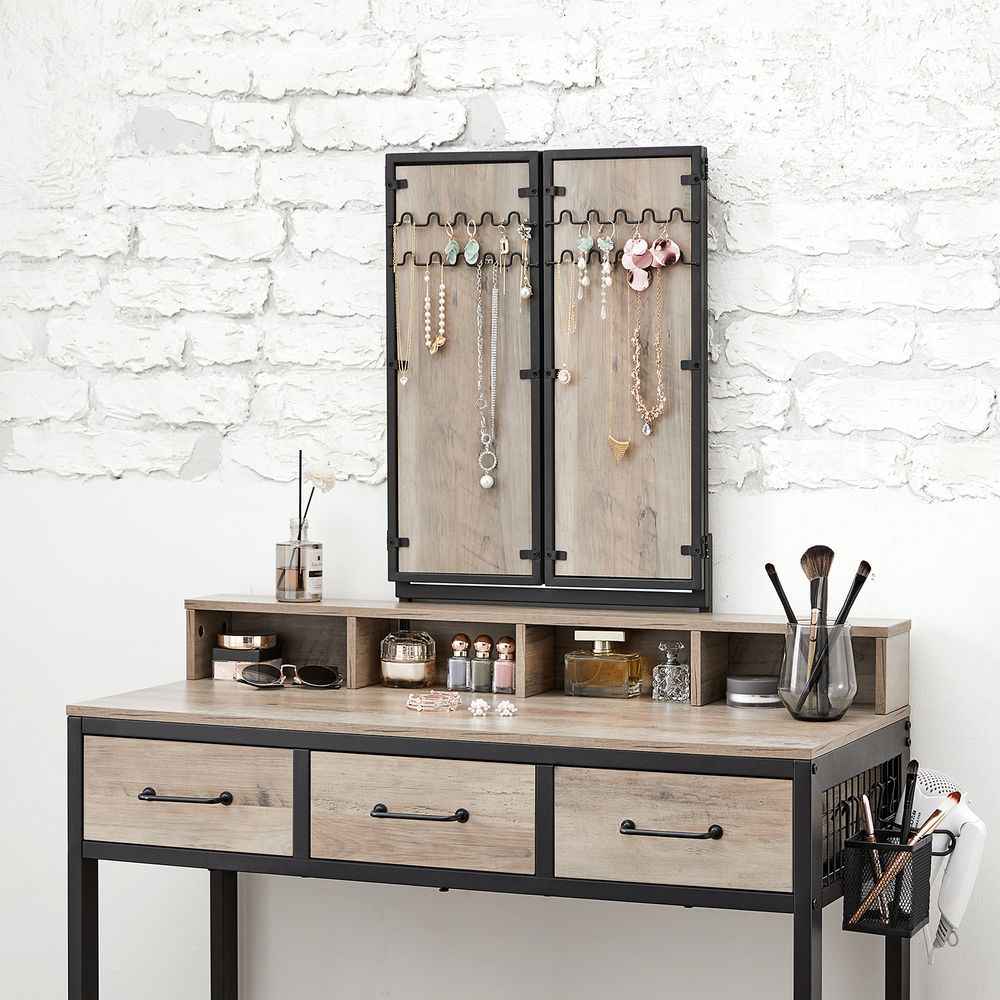VASAGLE Kaptafel met krukje en drievoudige spiegel – Grijs/Zwart – foto 8