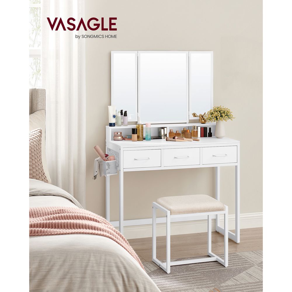 VASAGLE Kaptafel met krukje en drievoudige spiegel – Wit – foto 2