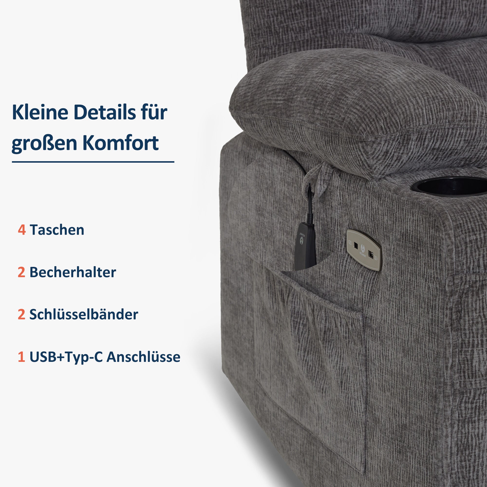 Relaxfauteuil elektrisch verstelbaar, TV-stoel met USB & bekerhouder, Kunstleer Bruin – foto 15