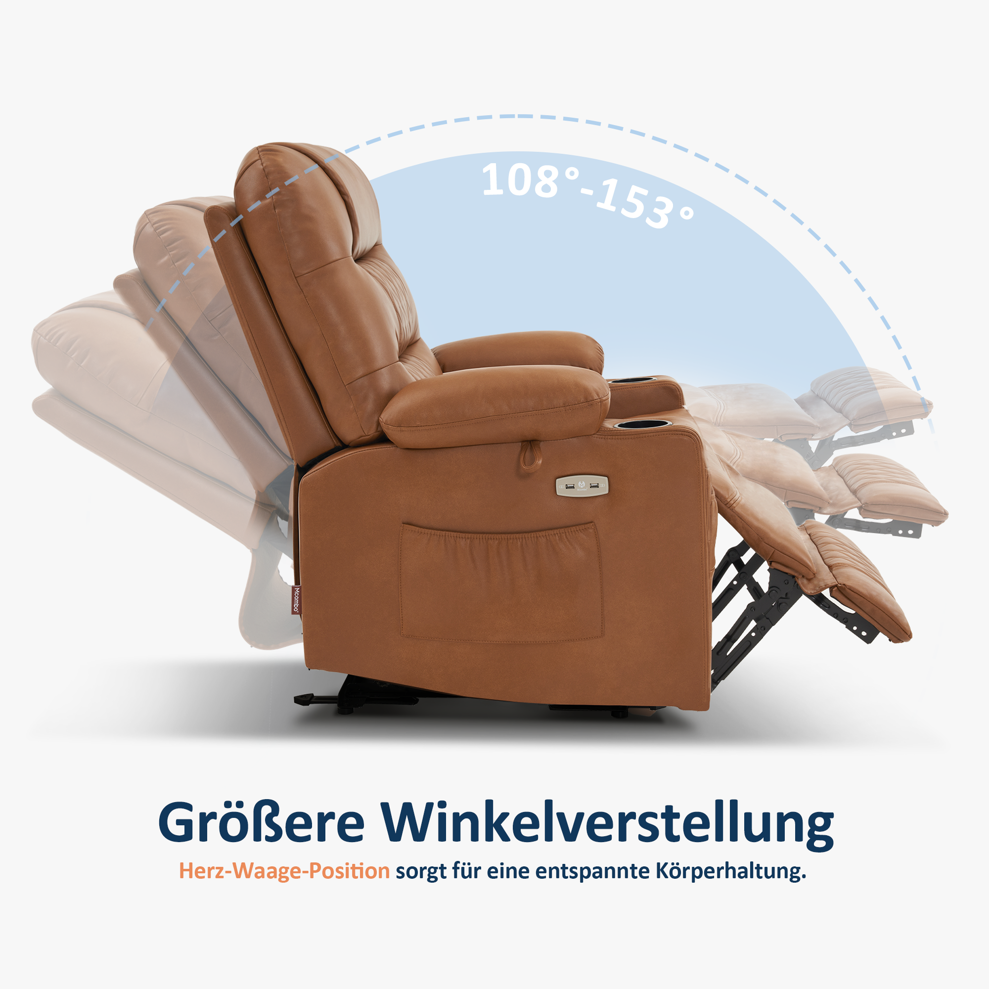 Relaxfauteuil elektrisch verstelbaar, TV-stoel met USB & bekerhouder, Kunstleer Bruin – foto 4