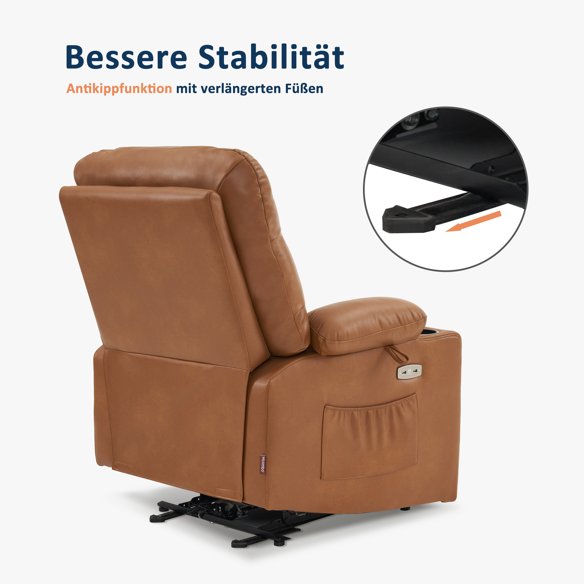 Relaxfauteuil elektrisch verstelbaar, TV-stoel met USB & bekerhouder, Kunstleer Bruin – foto 5