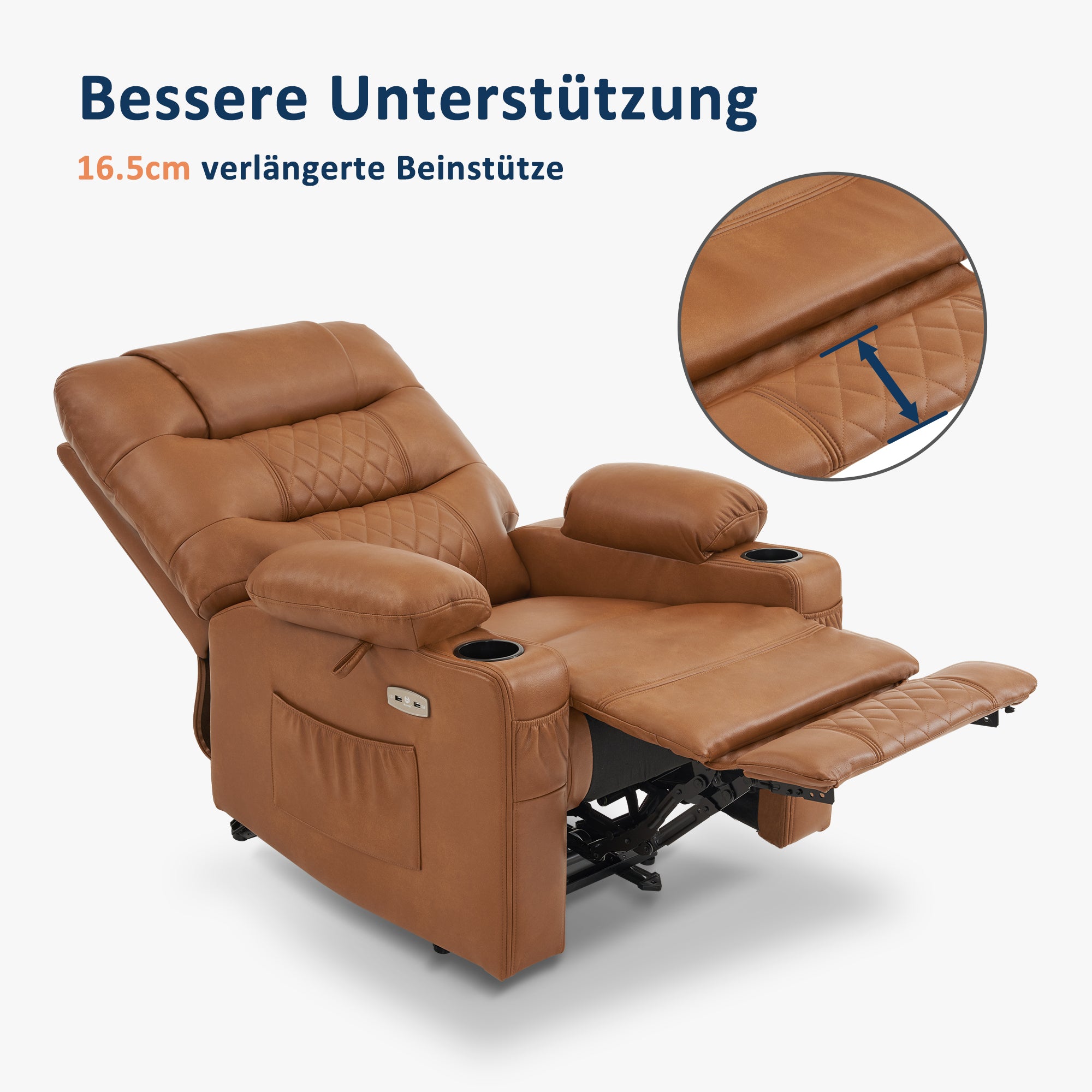 Relaxfauteuil elektrisch verstelbaar, TV-stoel met USB & bekerhouder, Kunstleer Bruin – foto 6