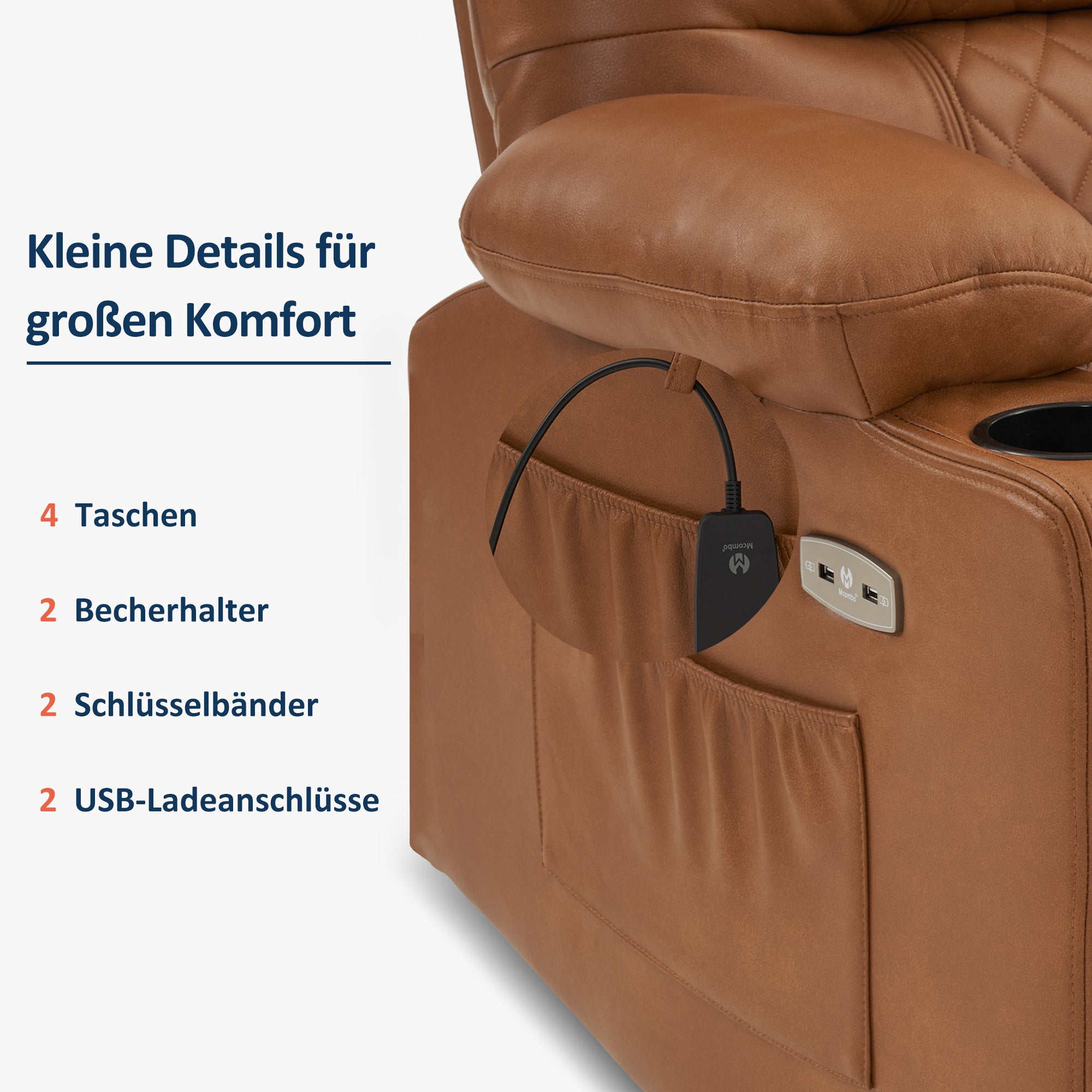 Relaxfauteuil elektrisch verstelbaar, TV-stoel met USB & bekerhouder, Kunstleer Bruin – foto 7